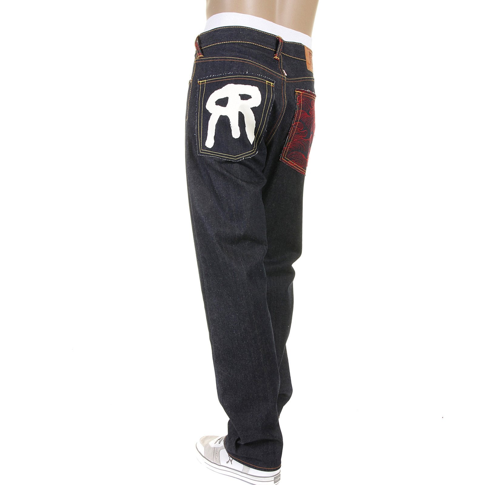 RMC JEANS SLIMMER CUT 1001 MODEL DARK INDIGO 888 R&amp;R AND TSUNAMI WAVE EMBROIDERED RAW DENIM JEANS REDM5035