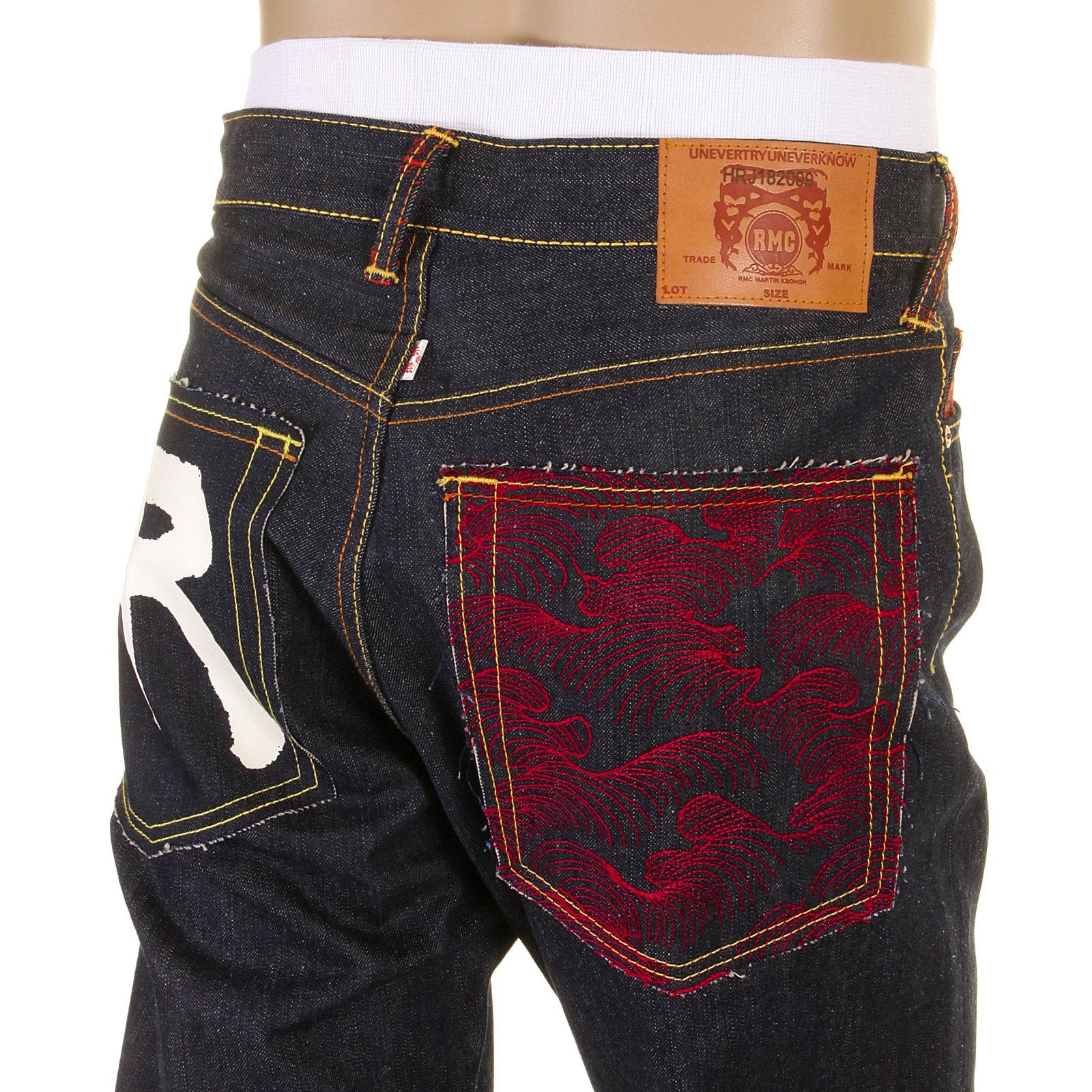 RMC JEANS SLIMMER CUT 1001 MODEL DARK INDIGO 888 R&amp;R AND TSUNAMI WAVE EMBROIDERED RAW DENIM JEANS REDM5035