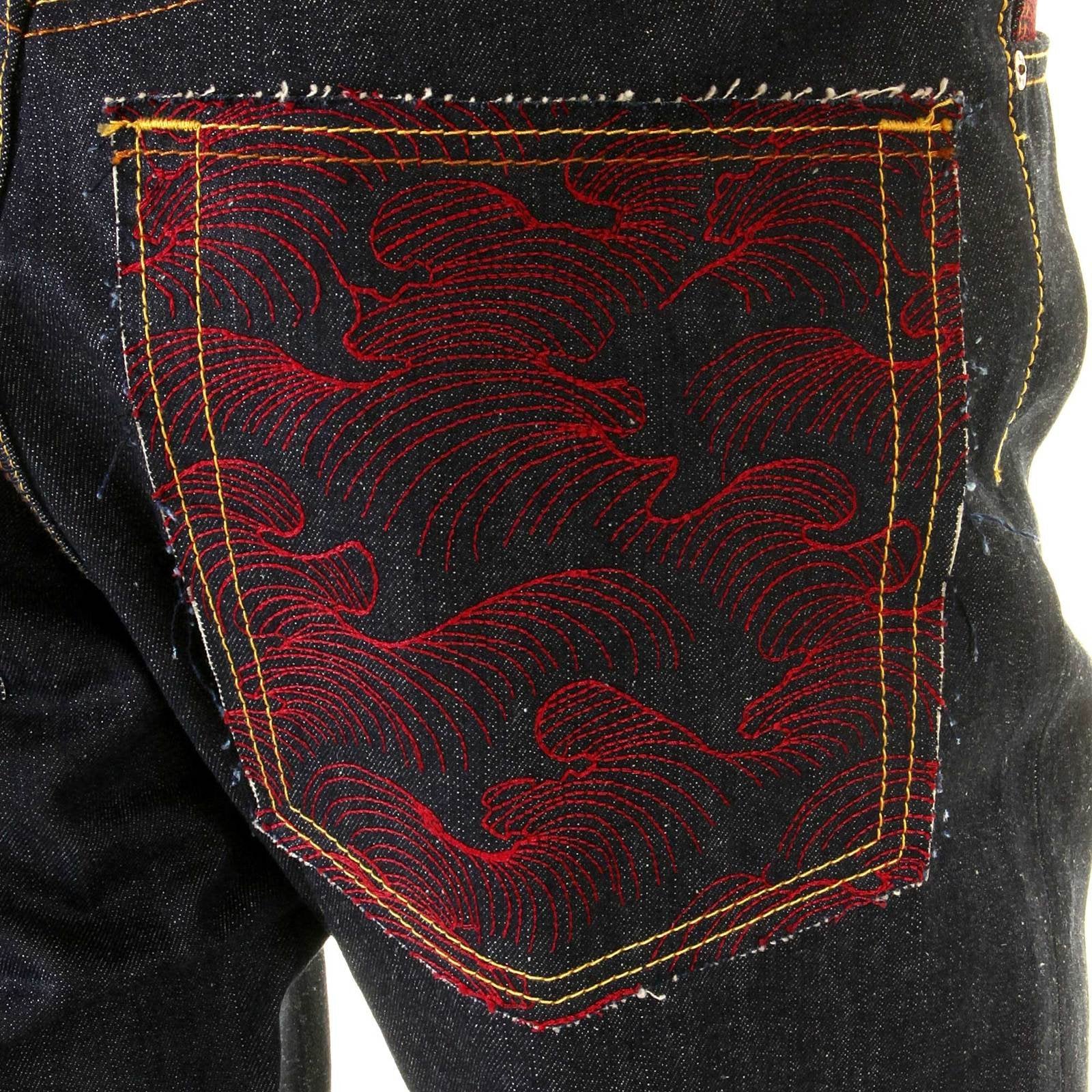 RMC JEANS SLIMMER CUT 1001 MODEL DARK INDIGO 888 R&amp;R AND TSUNAMI WAVE EMBROIDERED RAW DENIM JEANS REDM5035