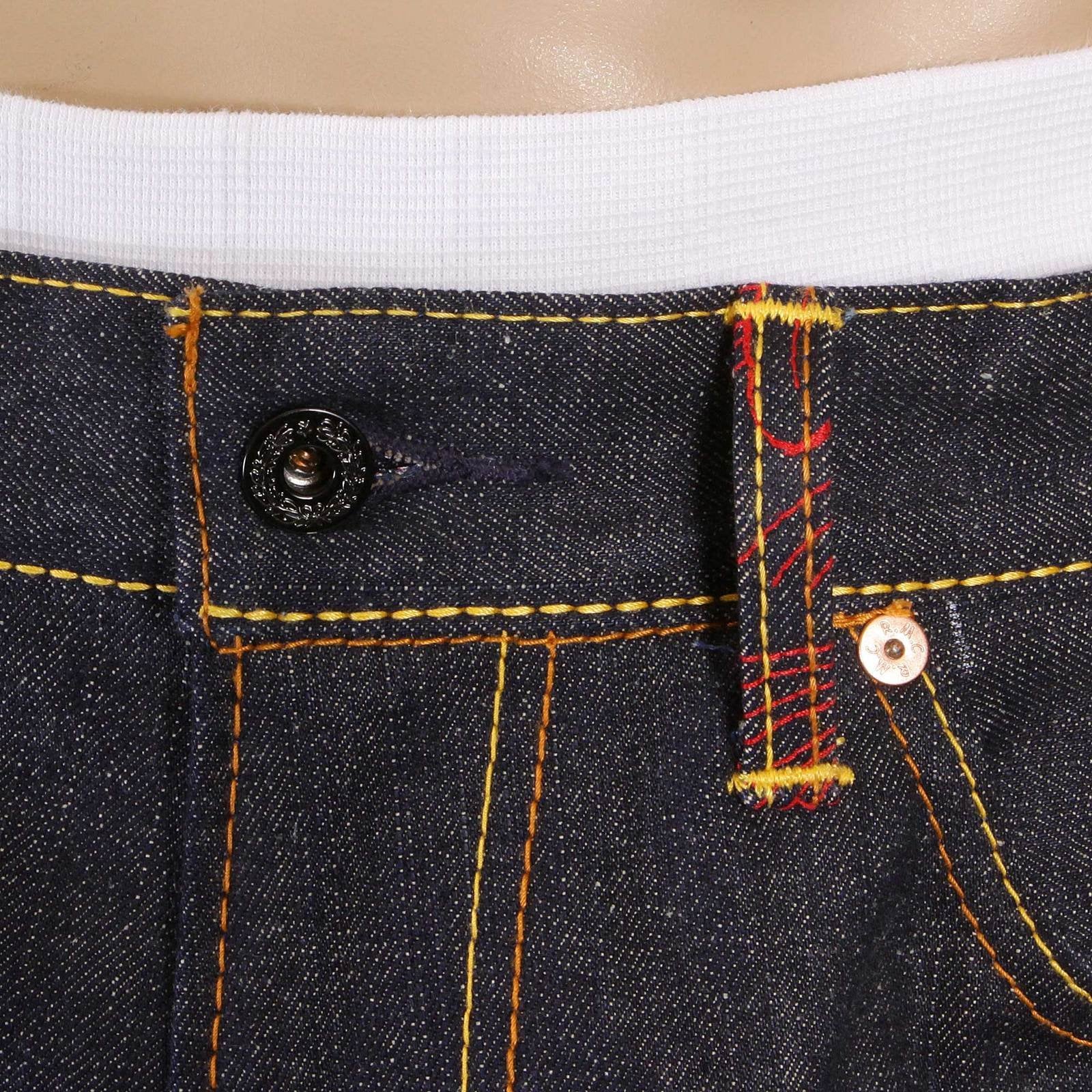 RMC JEANS SLIMMER CUT 1001 MODEL DARK INDIGO 888 R&amp;R AND TSUNAMI WAVE EMBROIDERED RAW DENIM JEANS REDM5035