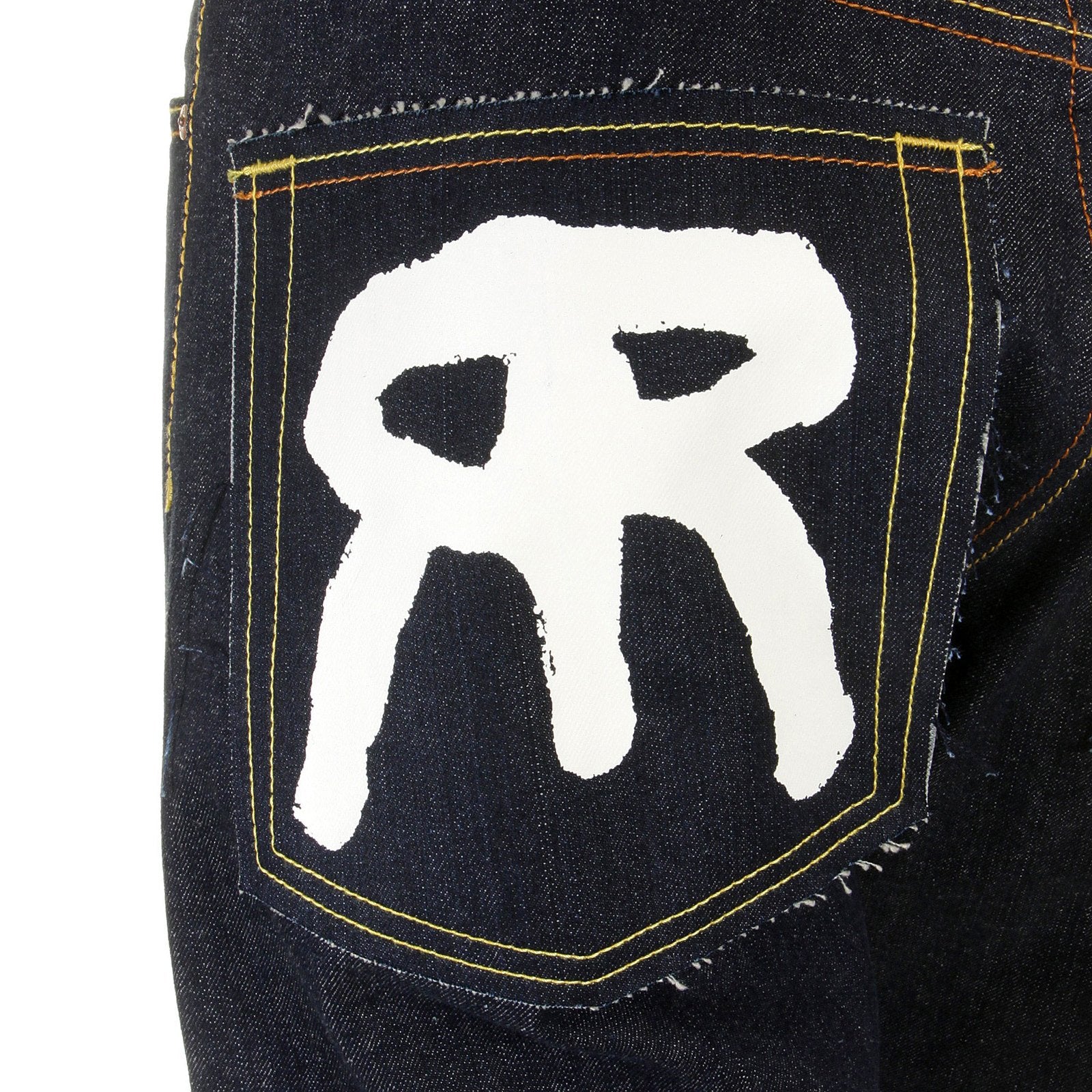 RMC DARK INDIGO SLIMMER CUT 1001 MODEL ROCK N ROLL 888 AND TSUNAMI WAVE EMBROIDERED RAW DENIM JEANS REDM5036
