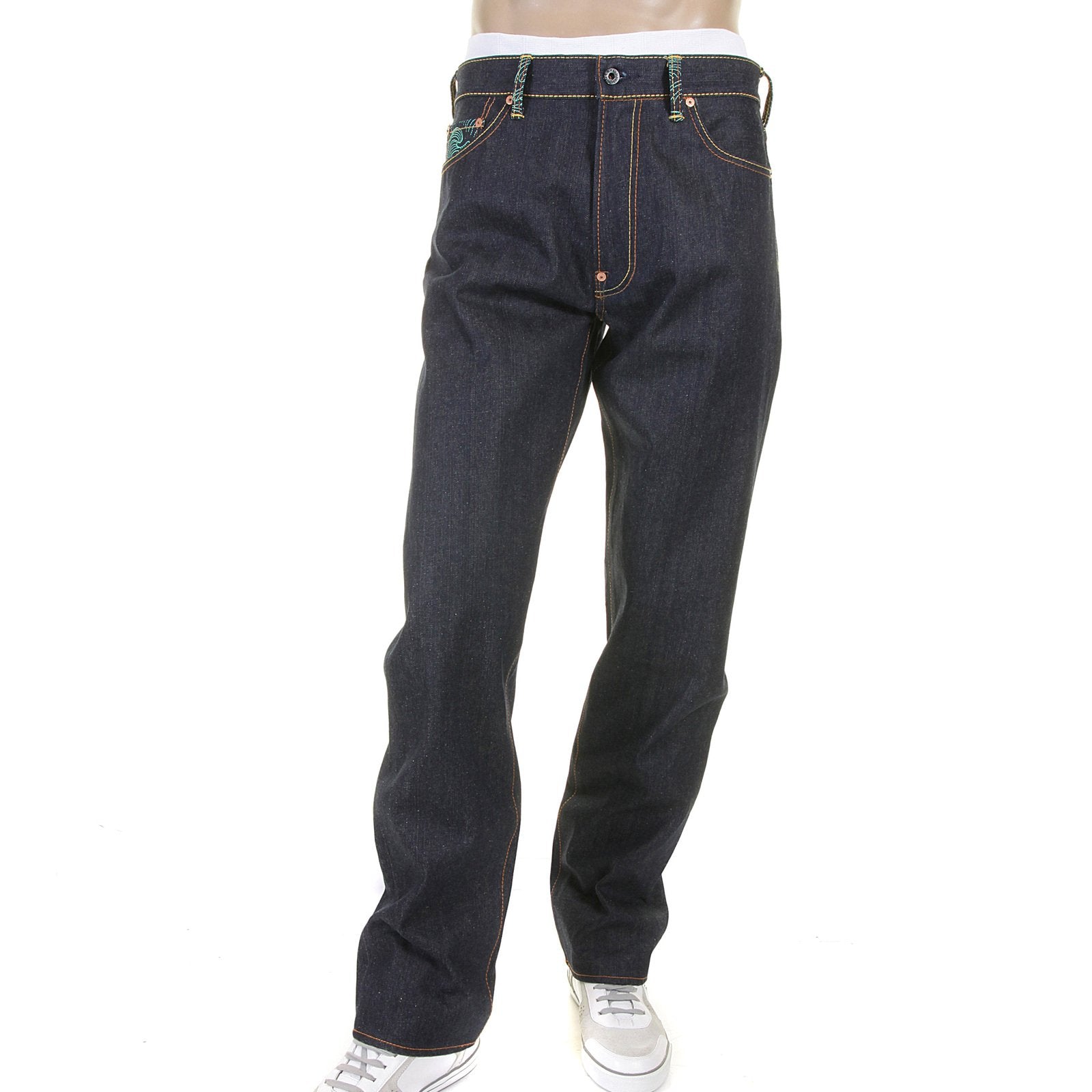 RMC DARK INDIGO SLIMMER CUT 1001 MODEL ROCK N ROLL 888 AND TSUNAMI WAVE EMBROIDERED RAW DENIM JEANS REDM5036