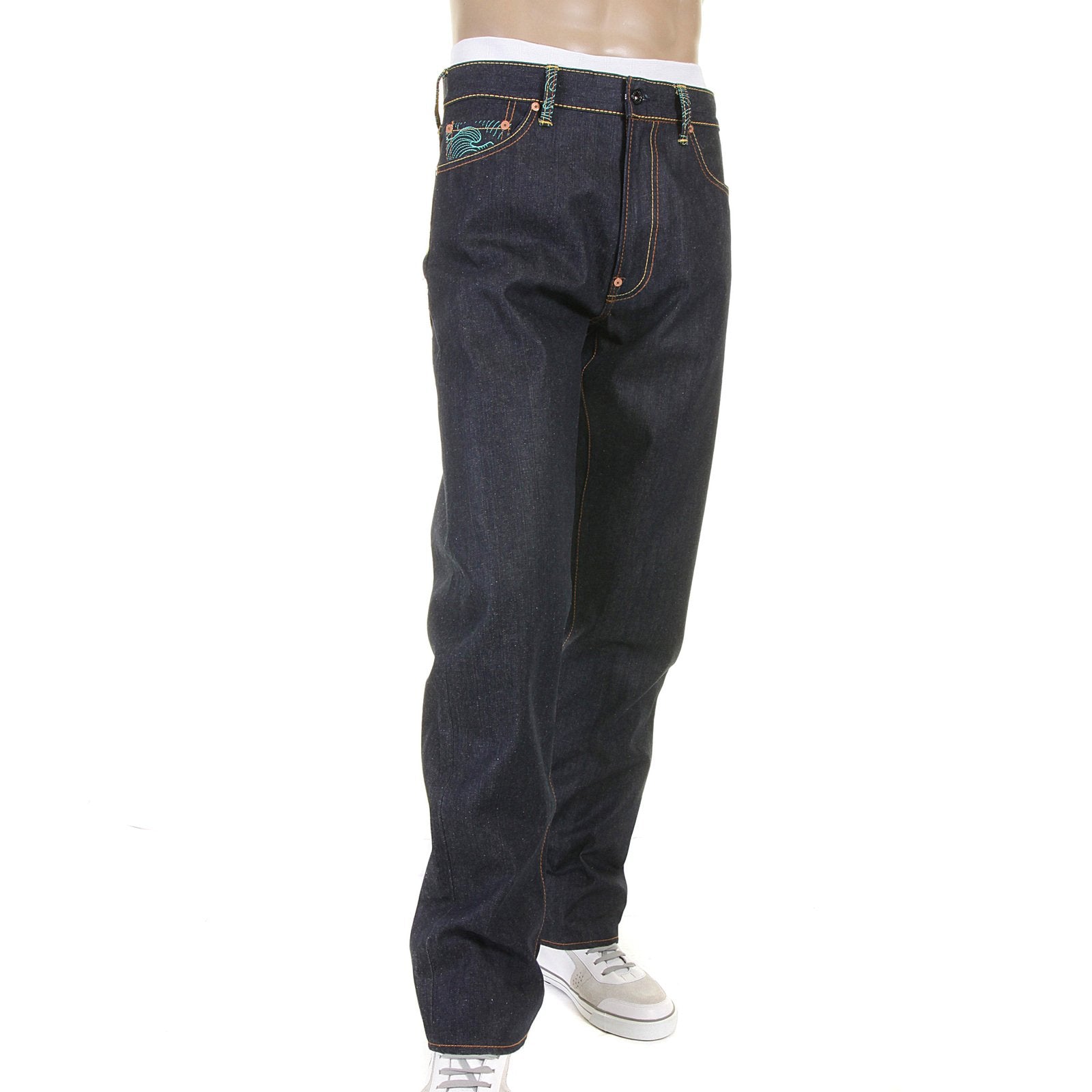 RMC DARK INDIGO SLIMMER CUT 1001 MODEL ROCK N ROLL 888 AND TSUNAMI WAVE EMBROIDERED RAW DENIM JEANS REDM5036