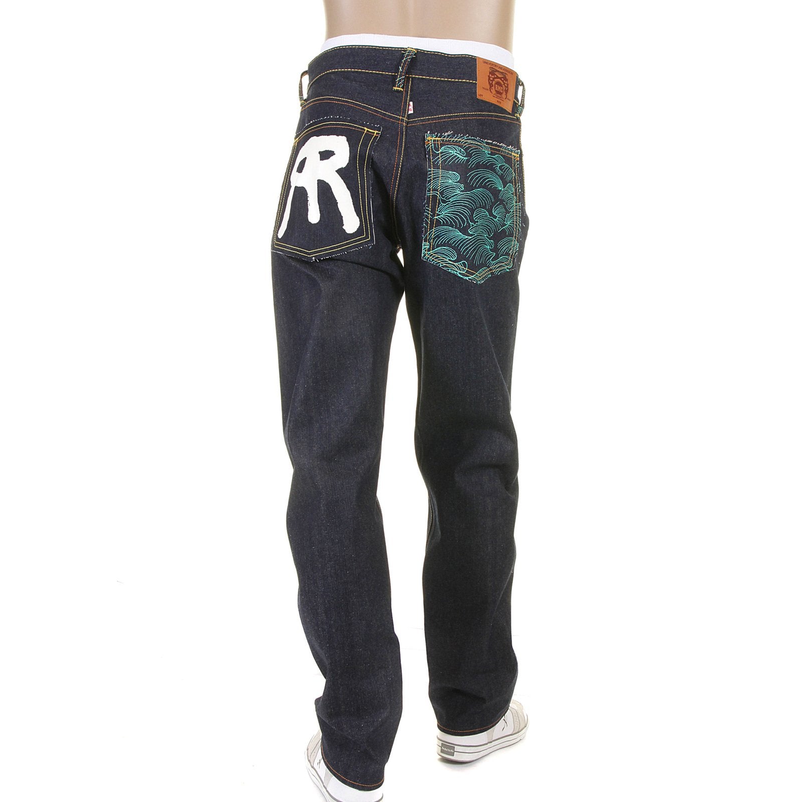 RMC DARK INDIGO SLIMMER CUT 1001 MODEL ROCK N ROLL 888 AND TSUNAMI WAVE EMBROIDERED RAW DENIM JEANS REDM5036