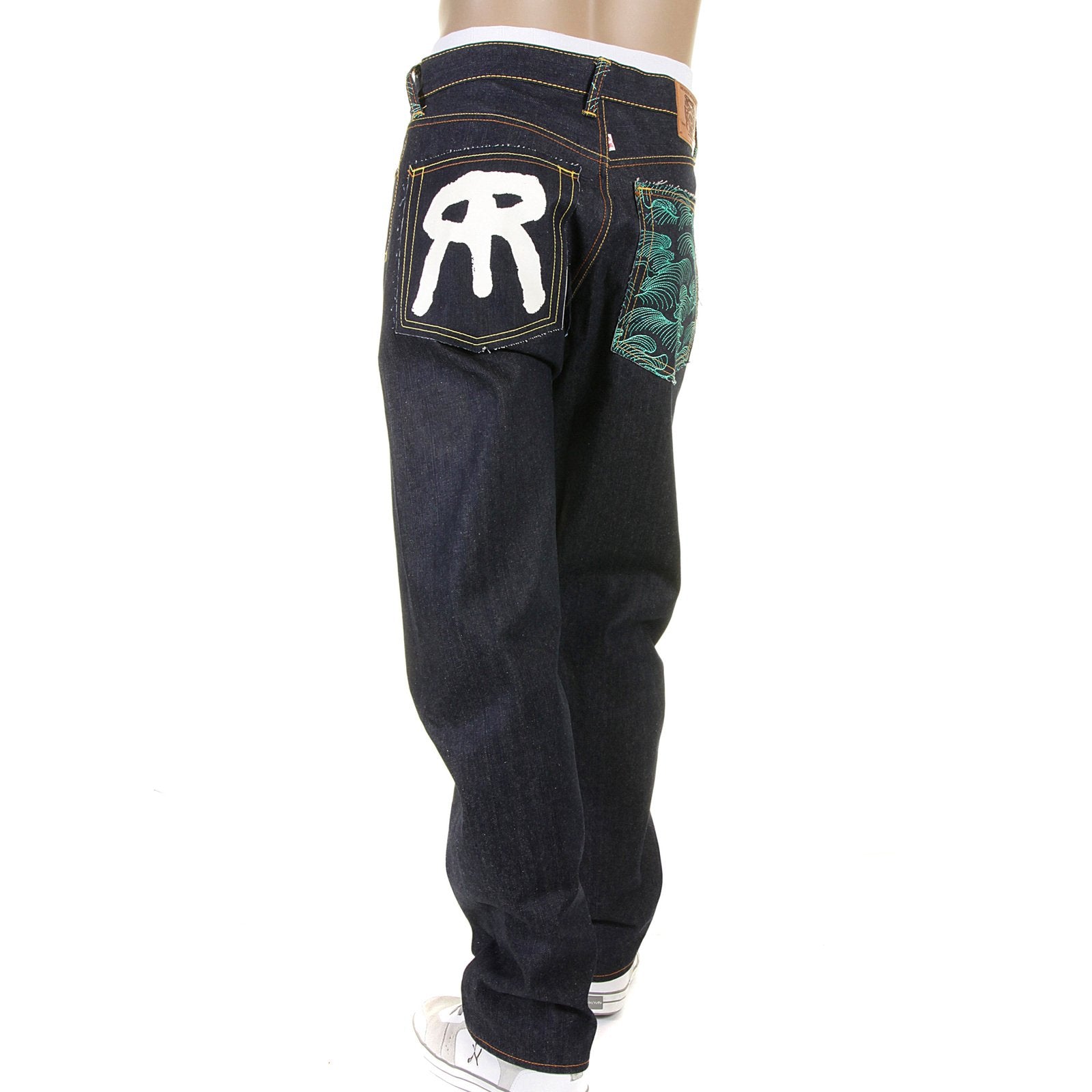 RMC DARK INDIGO SLIMMER CUT 1001 MODEL ROCK N ROLL 888 AND TSUNAMI WAVE EMBROIDERED RAW DENIM JEANS REDM5036