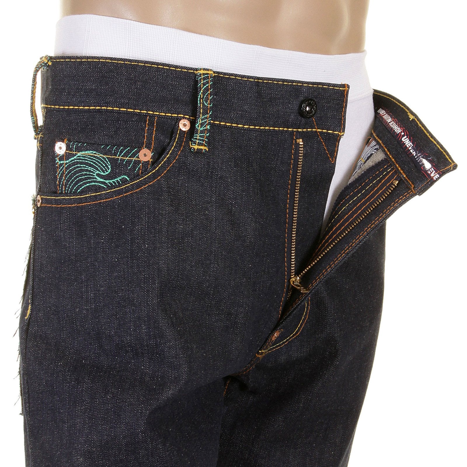 RMC DARK INDIGO SLIMMER CUT 1001 MODEL ROCK N ROLL 888 AND TSUNAMI WAVE EMBROIDERED RAW DENIM JEANS REDM5036