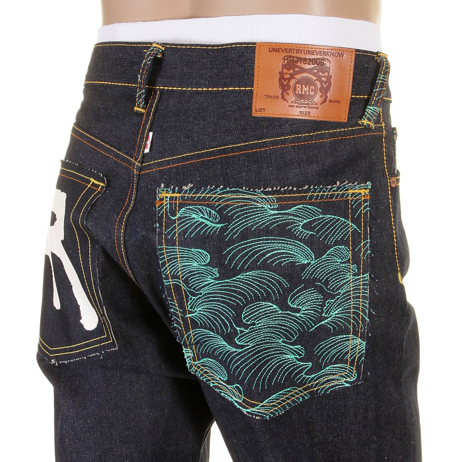RMC DARK INDIGO SLIMMER CUT 1001 MODEL ROCK N ROLL 888 AND TSUNAMI WAVE EMBROIDERED RAW DENIM JEANS REDM5036