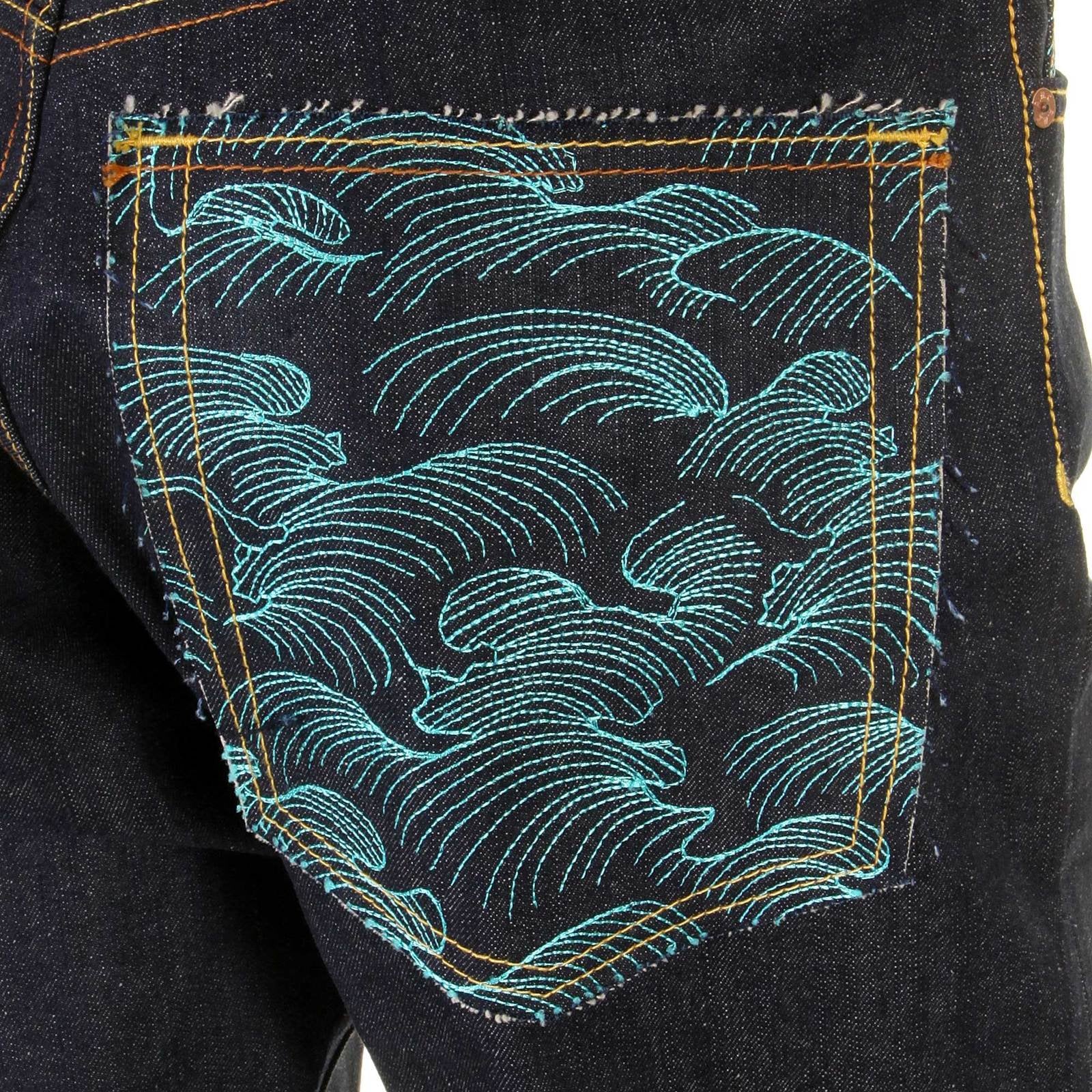 RMC DARK INDIGO SLIMMER CUT 1001 MODEL ROCK N ROLL 888 AND TSUNAMI WAVE EMBROIDERED RAW DENIM JEANS REDM5036