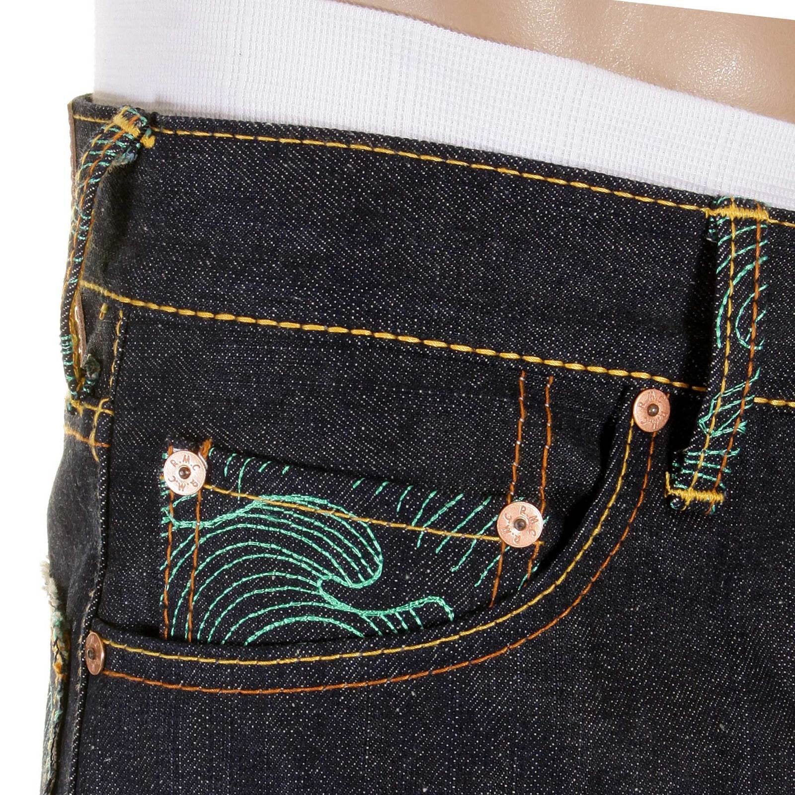 RMC DARK INDIGO SLIMMER CUT 1001 MODEL ROCK N ROLL 888 AND TSUNAMI WAVE EMBROIDERED RAW DENIM JEANS REDM5036