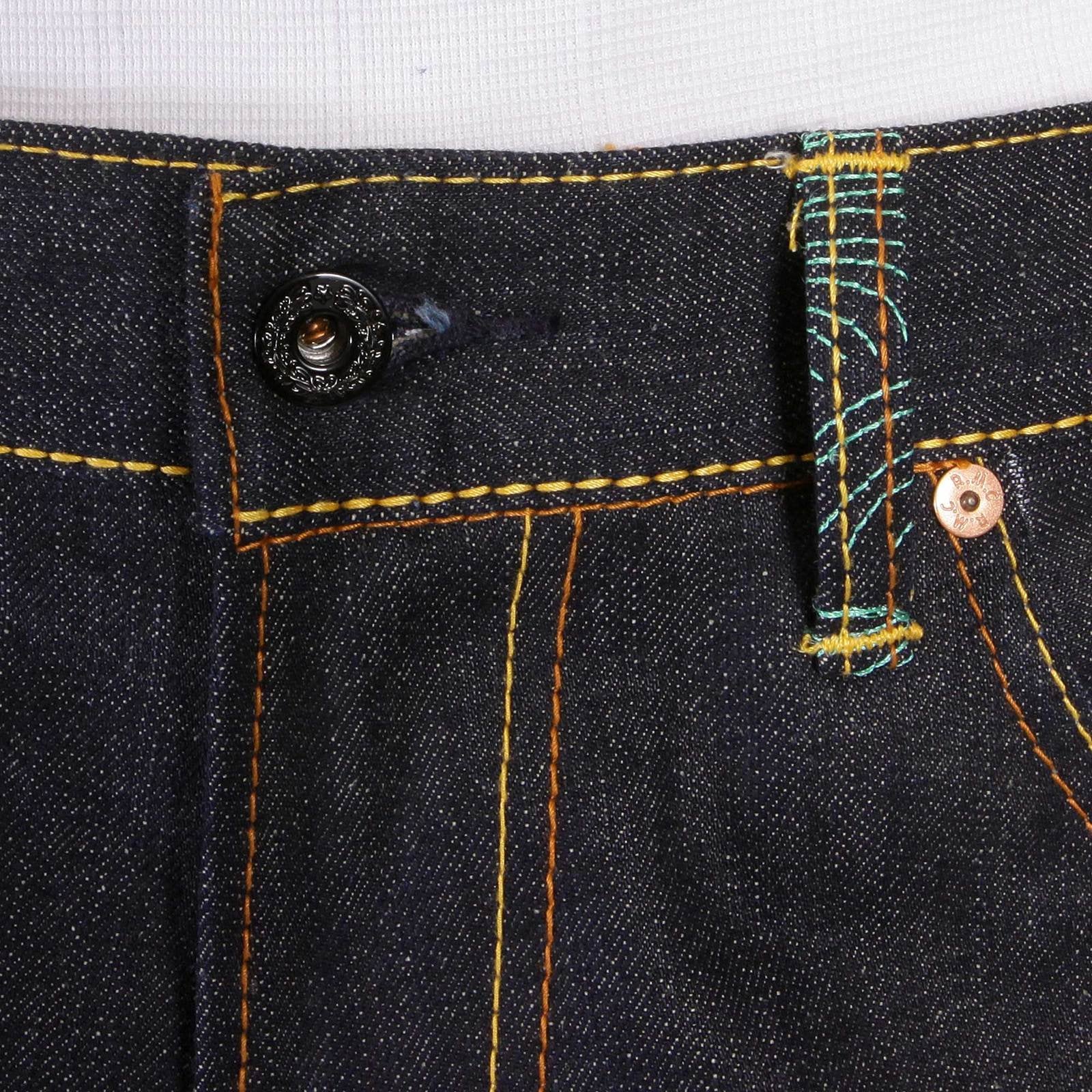 RMC DARK INDIGO SLIMMER CUT 1001 MODEL ROCK N ROLL 888 AND TSUNAMI WAVE EMBROIDERED RAW DENIM JEANS REDM5036