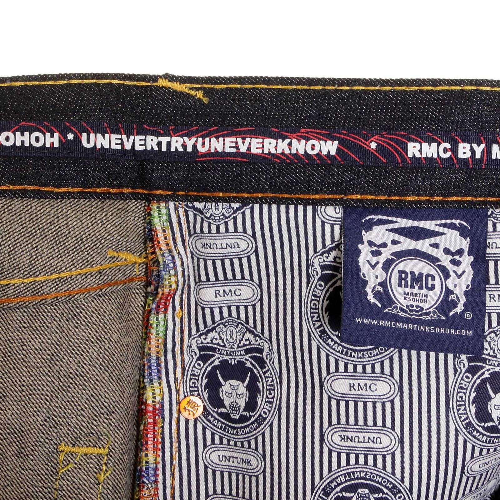 RMC DARK INDIGO SLIMMER CUT 1001 MODEL ROCK N ROLL 888 AND TSUNAMI WAVE EMBROIDERED RAW DENIM JEANS REDM5036