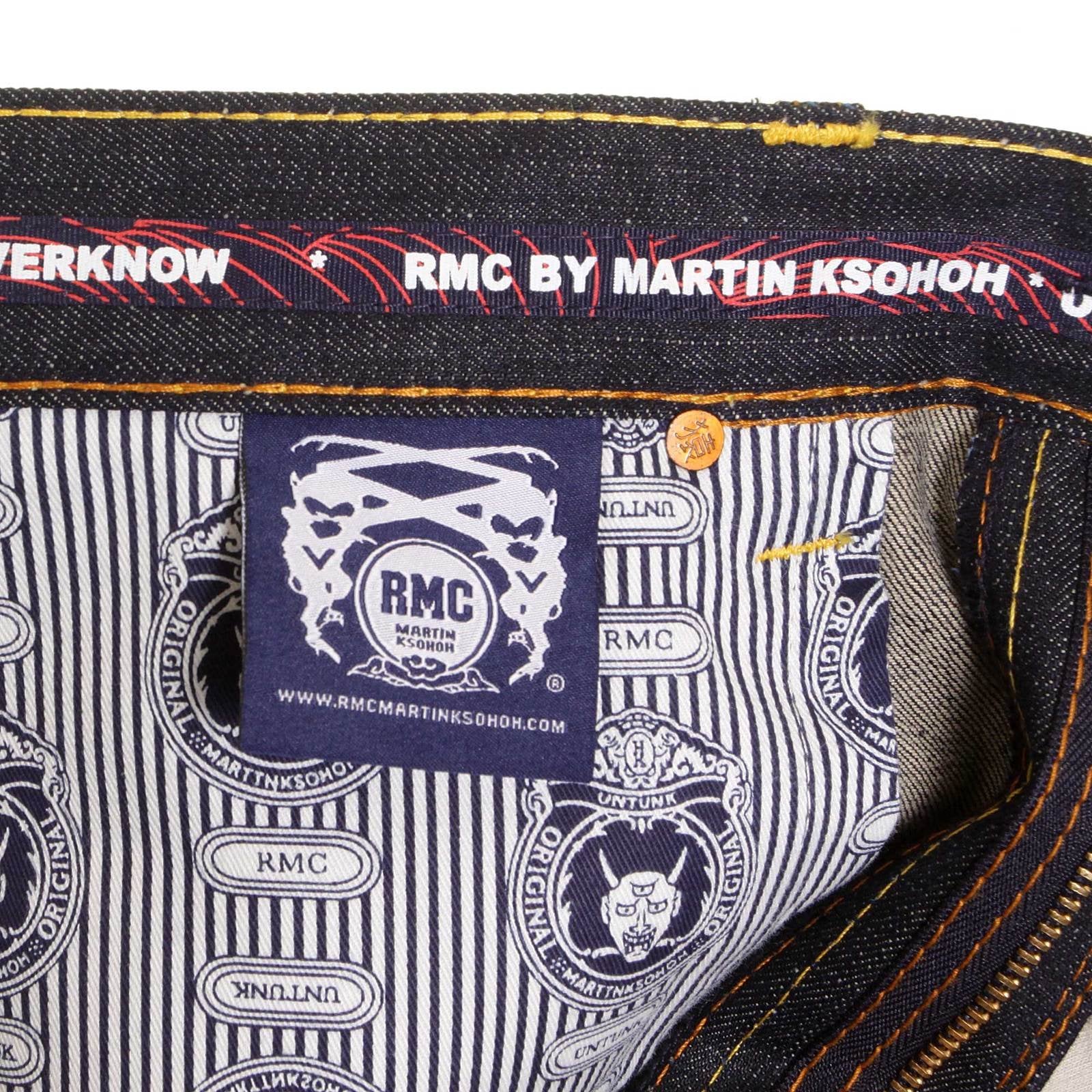 RMC JEANS DARK INDIGO 1001 MODEL SLIMMER CUT 888 RAW DENIM JEANS WITH R&amp;R AND TSUNAMI WAVE EMBROIDERY REDM5037