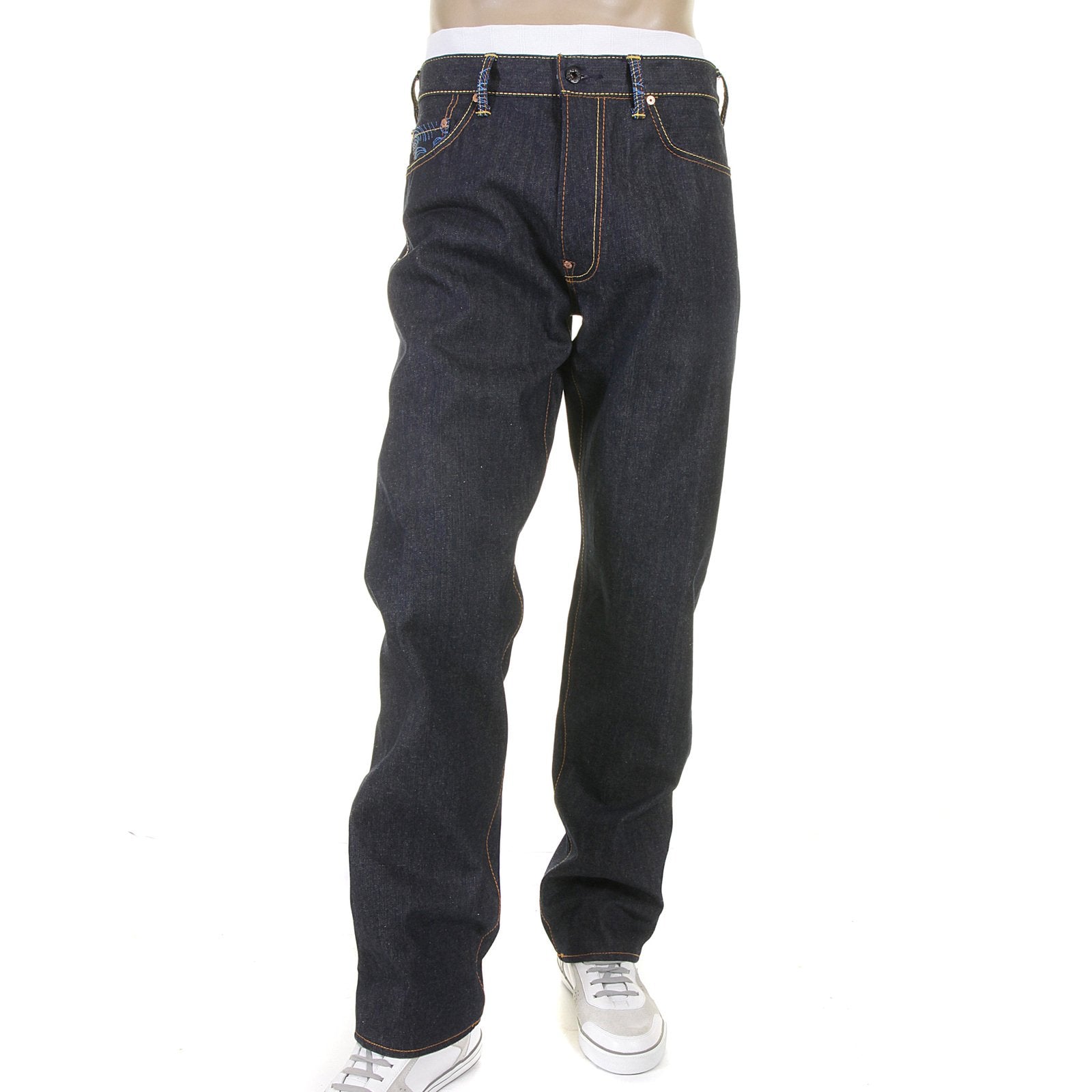 RMC JEANS DARK INDIGO 1001 MODEL SLIMMER CUT 888 RAW DENIM JEANS WITH R&amp;R AND TSUNAMI WAVE EMBROIDERY REDM5037