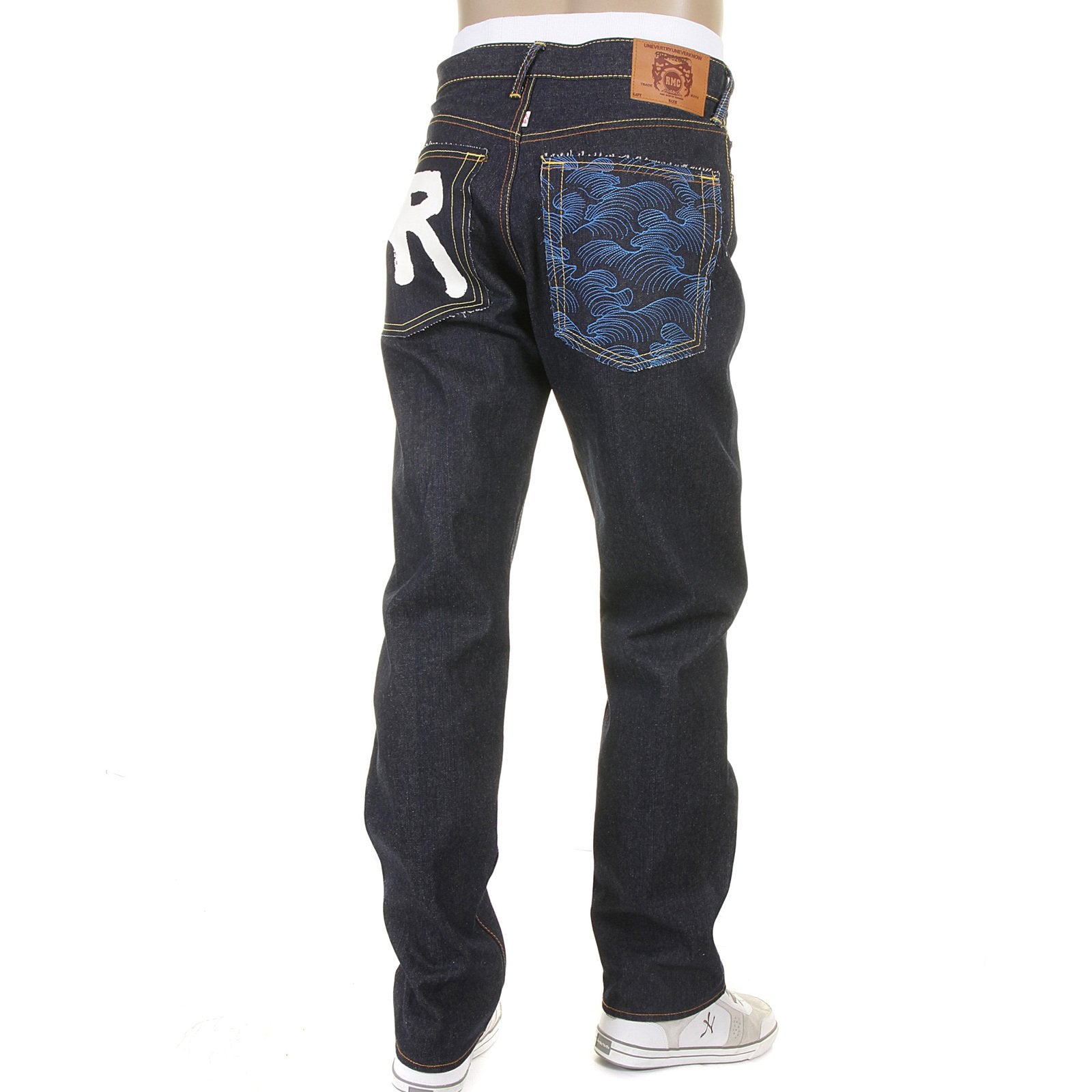 RMC JEANS DARK INDIGO 1001 MODEL SLIMMER CUT 888 RAW DENIM JEANS WITH R&amp;R AND TSUNAMI WAVE EMBROIDERY REDM5037