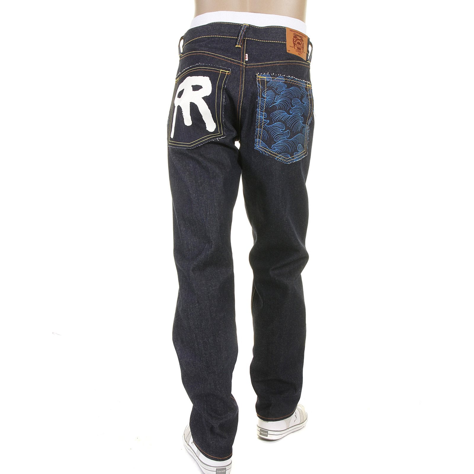 RMC JEANS DARK INDIGO 1001 MODEL SLIMMER CUT 888 RAW DENIM JEANS WITH R&amp;R AND TSUNAMI WAVE EMBROIDERY REDM5037