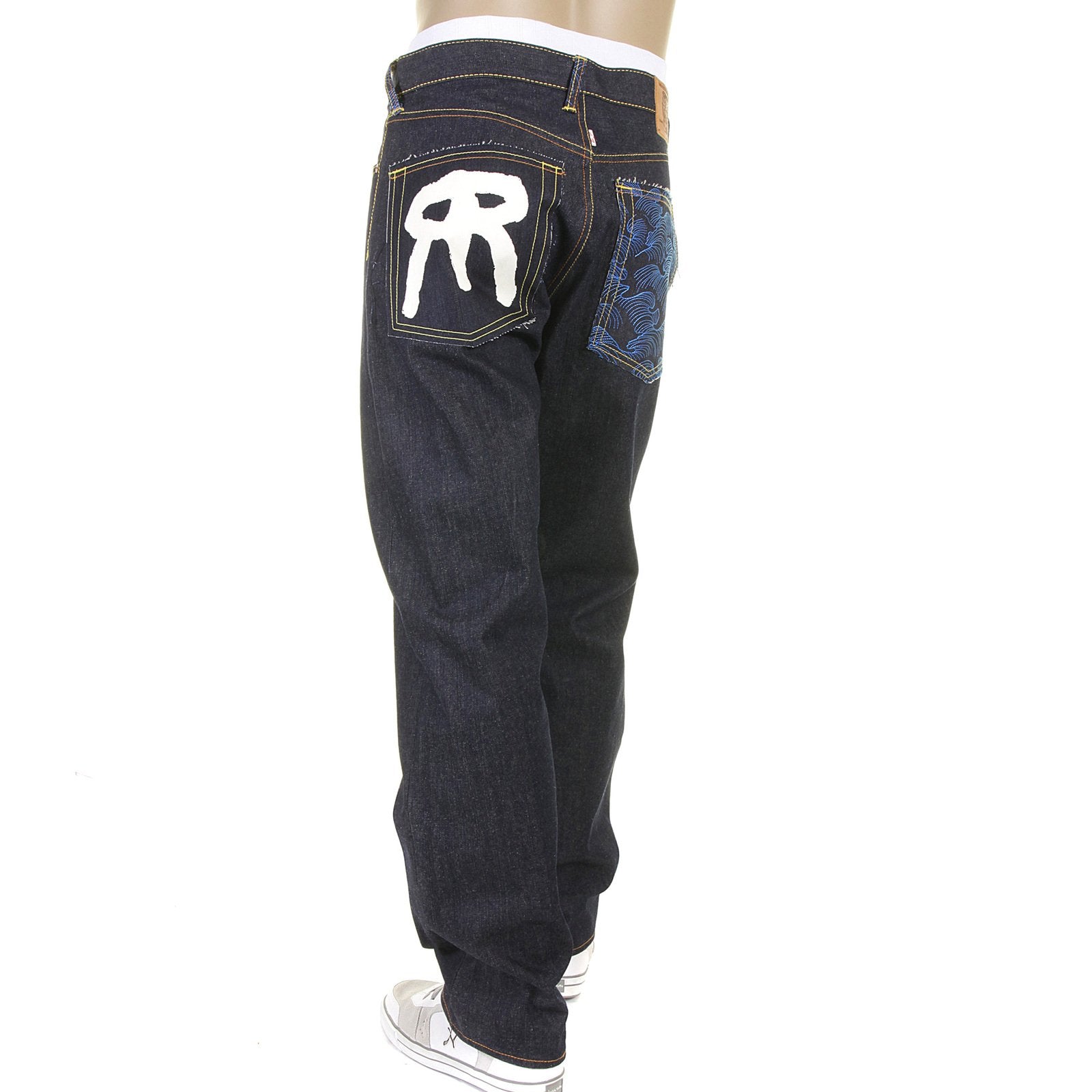 RMC JEANS DARK INDIGO 1001 MODEL SLIMMER CUT 888 RAW DENIM JEANS WITH R&amp;R AND TSUNAMI WAVE EMBROIDERY REDM5037