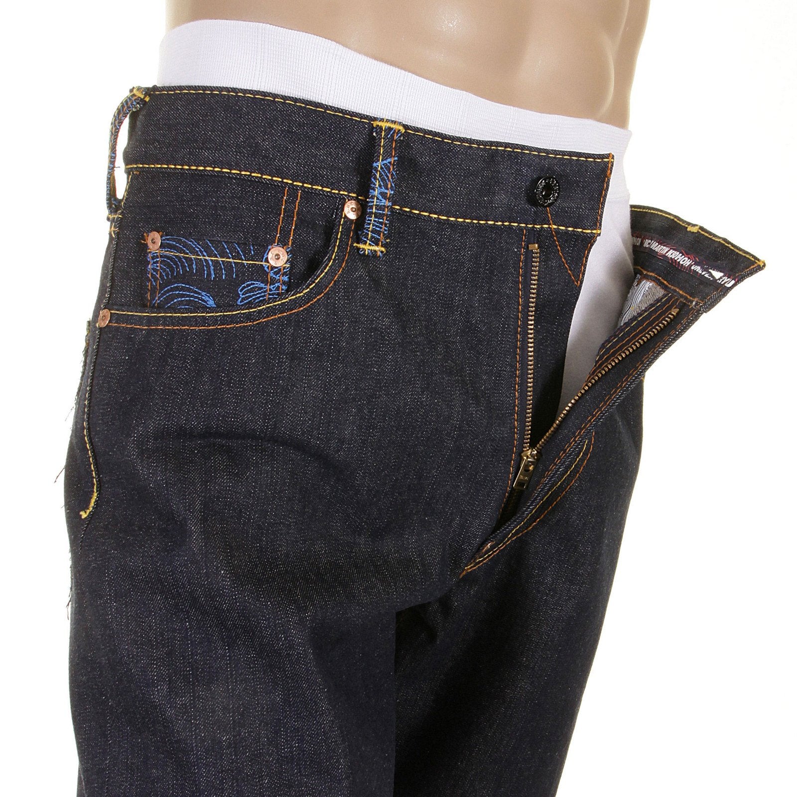 RMC JEANS DARK INDIGO 1001 MODEL SLIMMER CUT 888 RAW DENIM JEANS WITH R&amp;R AND TSUNAMI WAVE EMBROIDERY REDM5037