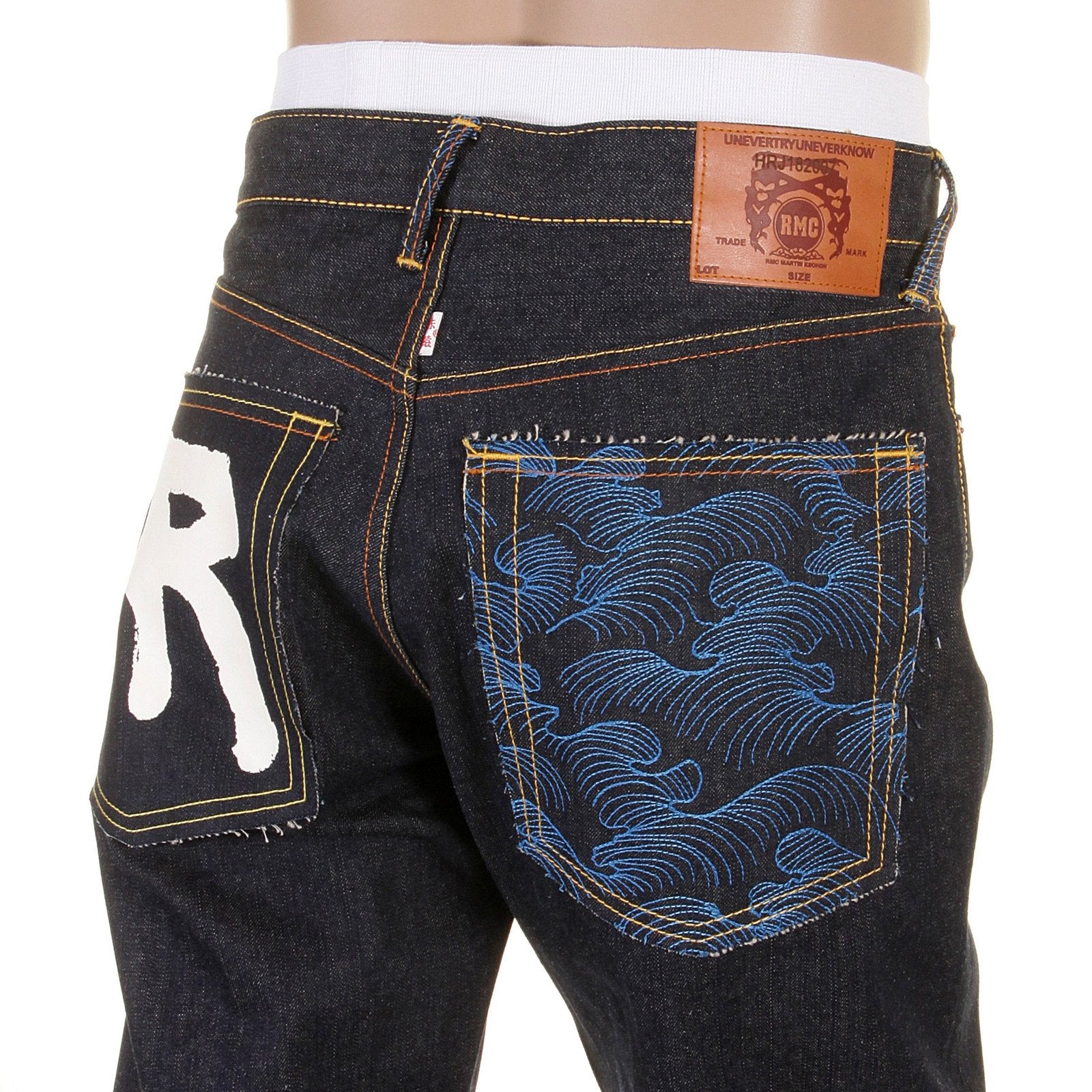 RMC JEANS DARK INDIGO 1001 MODEL SLIMMER CUT 888 RAW DENIM JEANS WITH R&amp;R AND TSUNAMI WAVE EMBROIDERY REDM5037