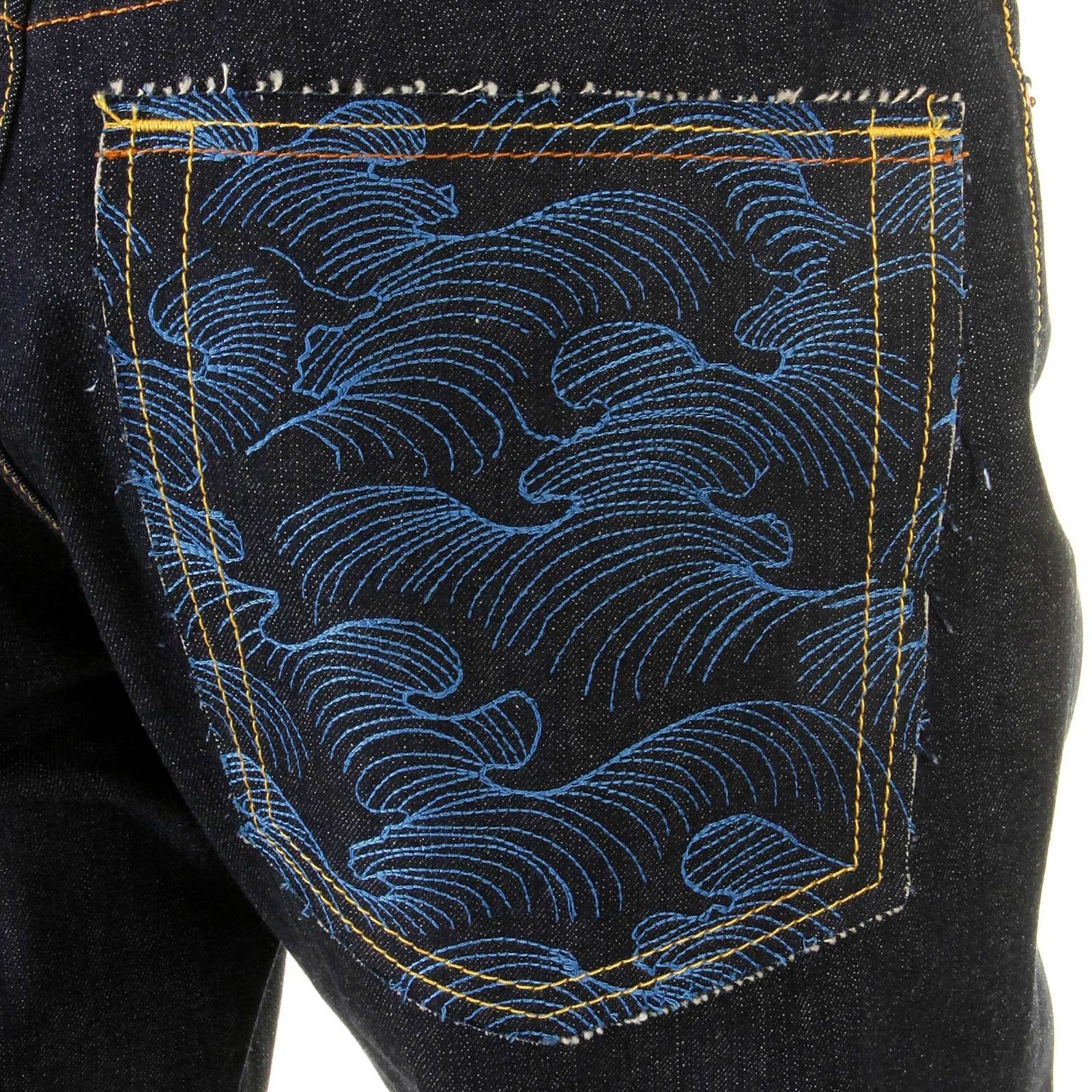 RMC JEANS DARK INDIGO 1001 MODEL SLIMMER CUT 888 RAW DENIM JEANS WITH R&amp;R AND TSUNAMI WAVE EMBROIDERY REDM5037