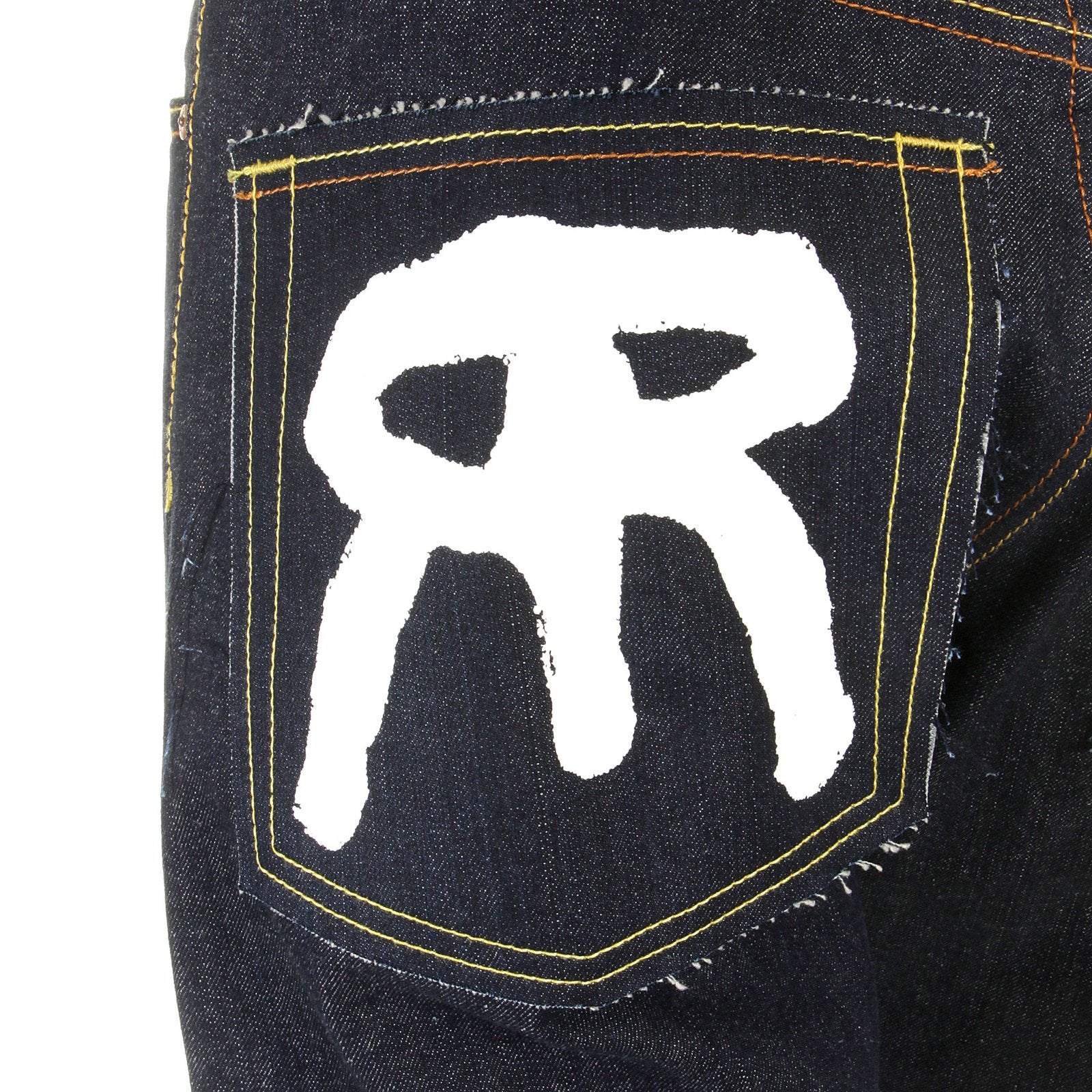 RMC JEANS DARK INDIGO 1001 MODEL SLIMMER CUT 888 RAW DENIM JEANS WITH R&amp;R AND TSUNAMI WAVE EMBROIDERY REDM5037