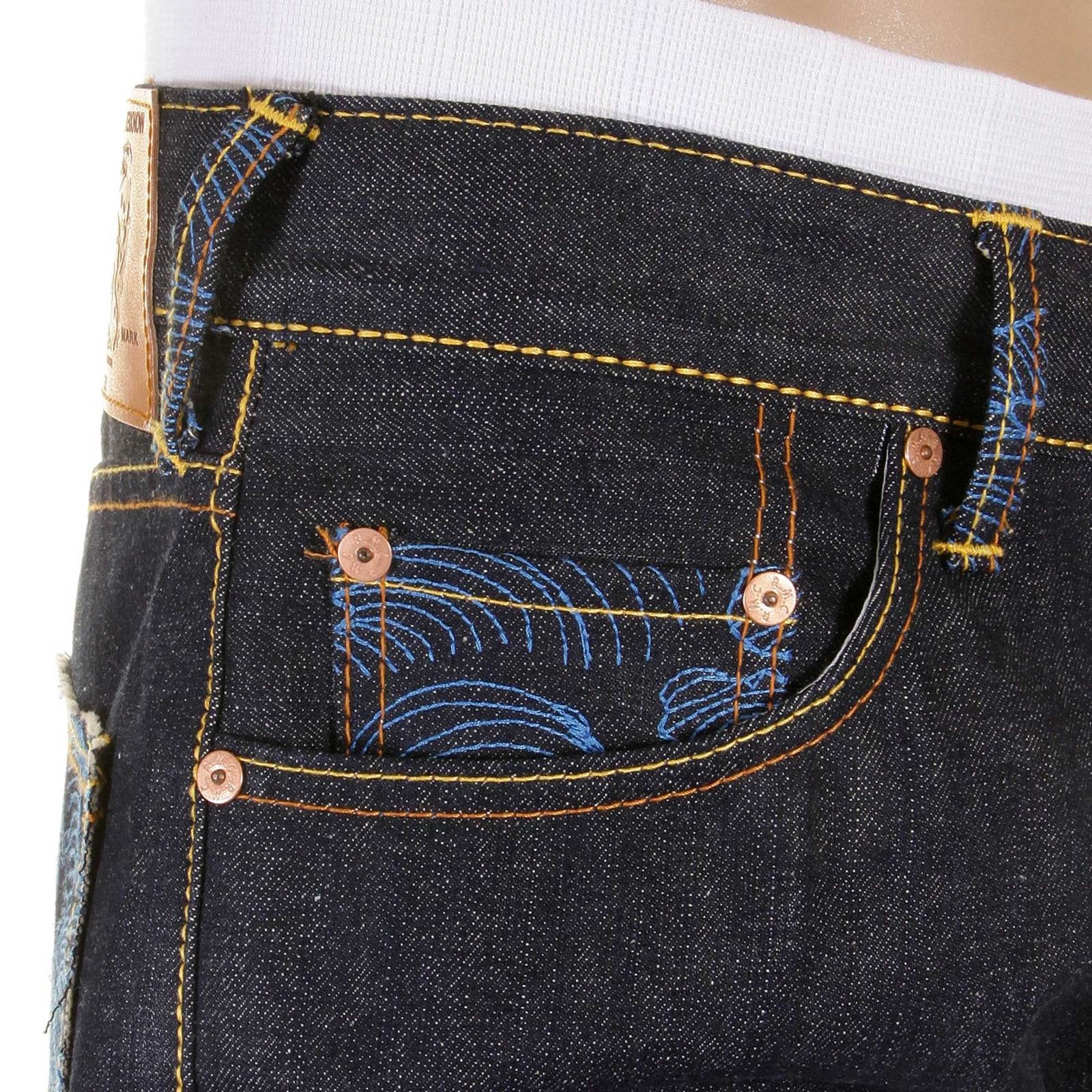 RMC JEANS DARK INDIGO 1001 MODEL SLIMMER CUT 888 RAW DENIM JEANS WITH R&amp;R AND TSUNAMI WAVE EMBROIDERY REDM5037