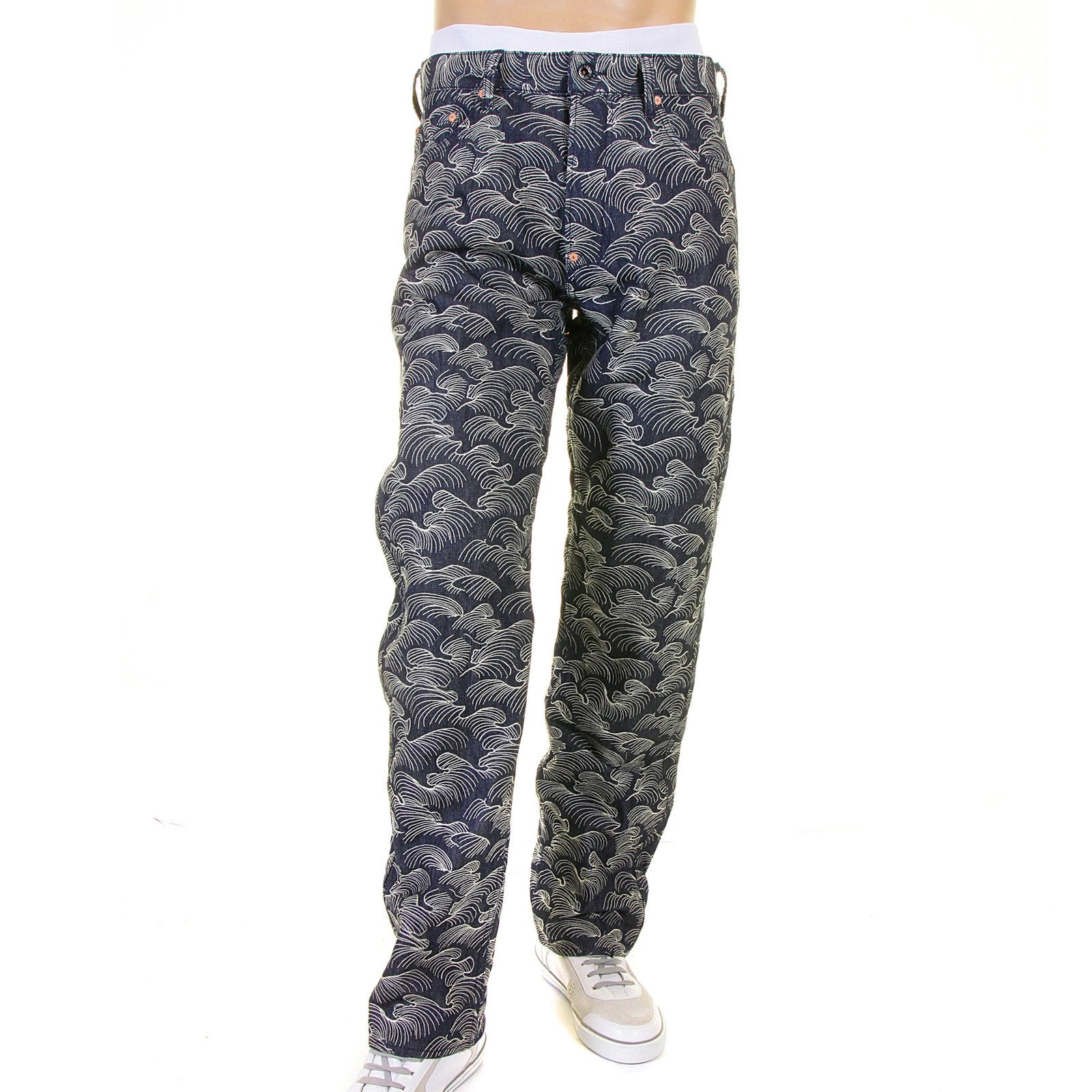 RMC MARTIN KSOHOH 1001 MODEL MENS DENIM JEANS WITH FULL WHITE TSUNAMI WAVE EMBROIDERY REDM5217
