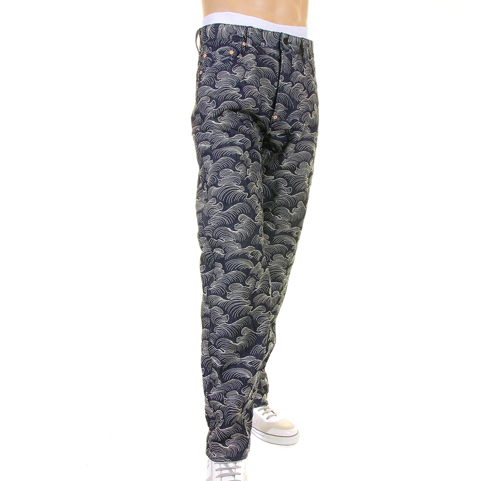 RMC MARTIN KSOHOH 1001 MODEL MENS DENIM JEANS WITH FULL WHITE TSUNAMI WAVE EMBROIDERY REDM5217