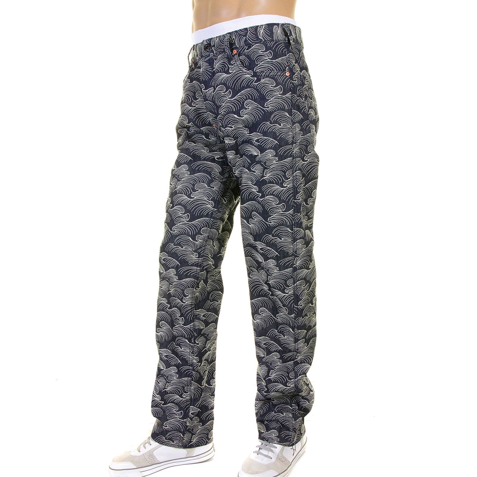 RMC MARTIN KSOHOH 1001 MODEL MENS DENIM JEANS WITH FULL WHITE TSUNAMI WAVE EMBROIDERY REDM5217