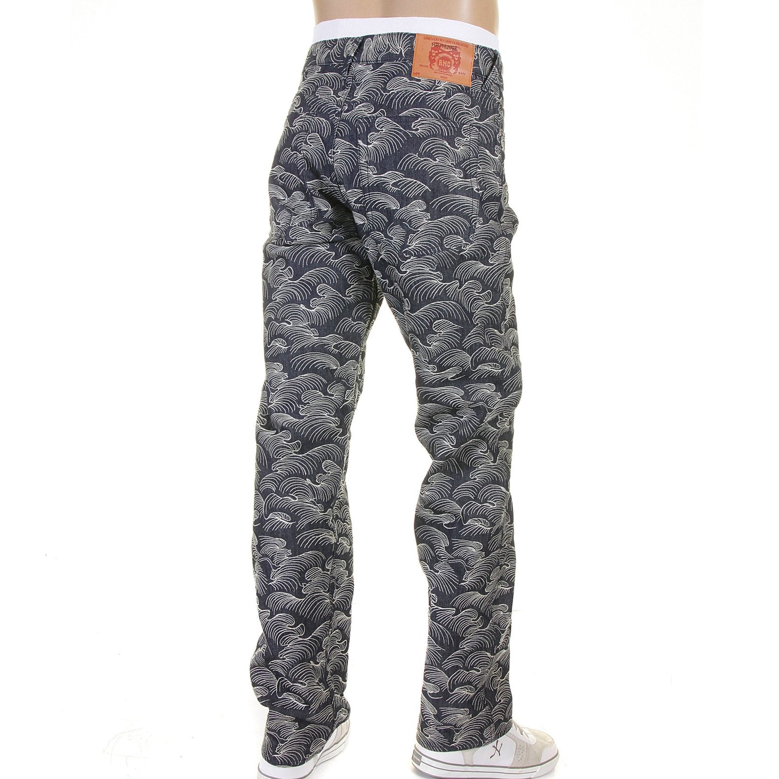 RMC MARTIN KSOHOH 1001 MODEL MENS DENIM JEANS WITH FULL WHITE TSUNAMI WAVE EMBROIDERY REDM5217
