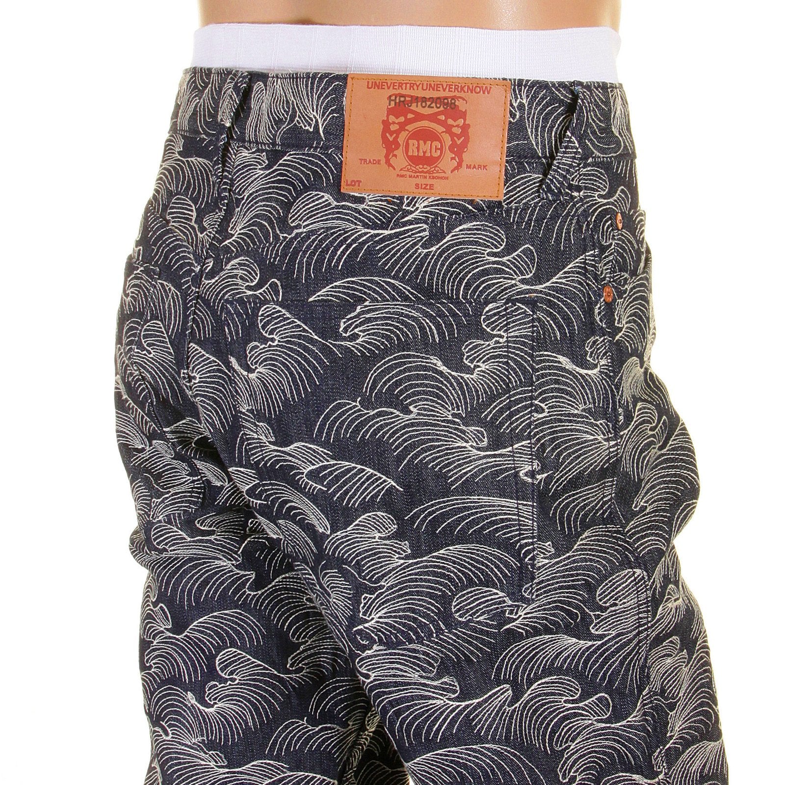 RMC MARTIN KSOHOH 1001 MODEL MENS DENIM JEANS WITH FULL WHITE TSUNAMI WAVE EMBROIDERY REDM5217