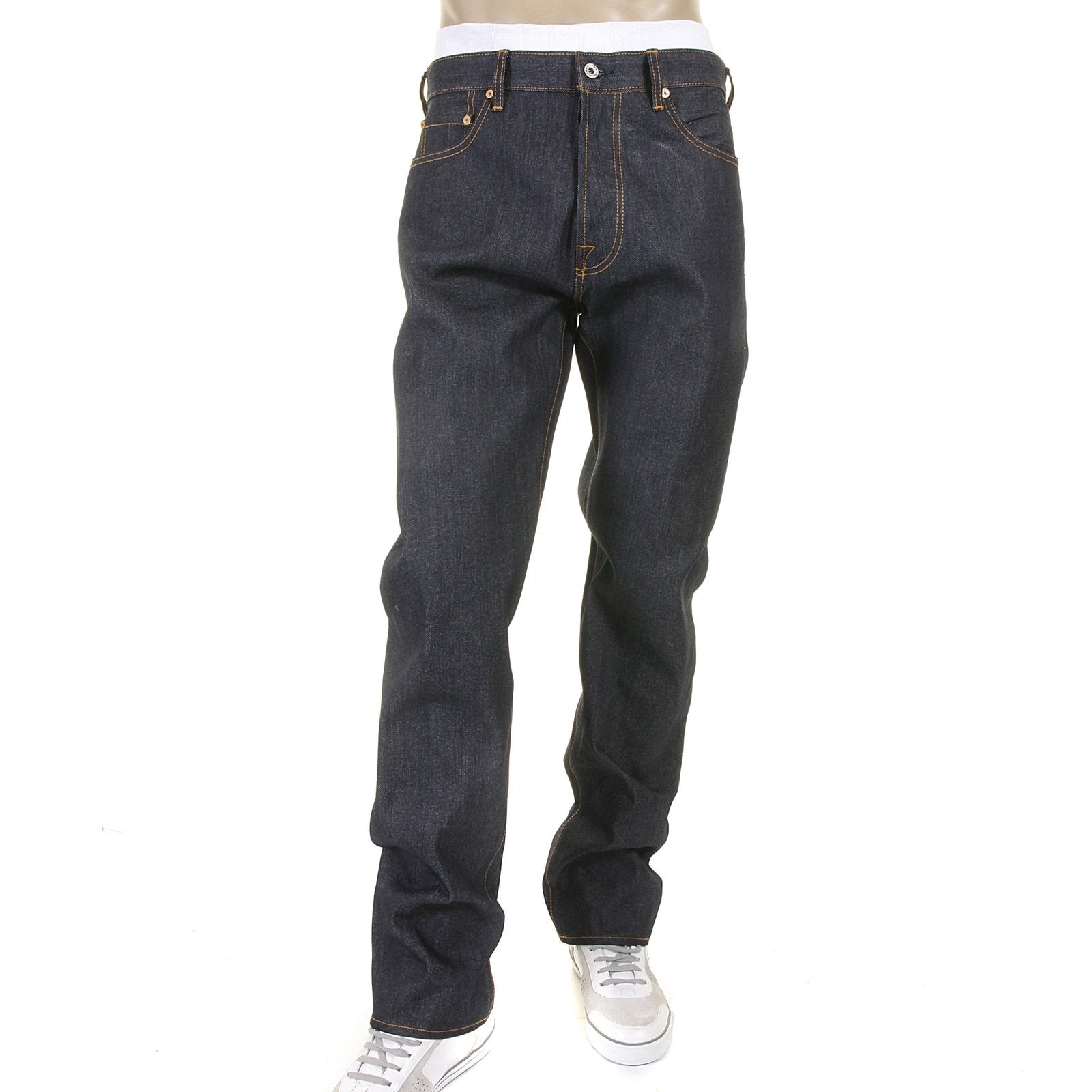 RMC SUPER EXCLUSIVE YELLOW HAND PAINTED DARK INDIGO SLIM CUT 1001 MODEL RAW DENIM JEANS FOR MEN REDM5648