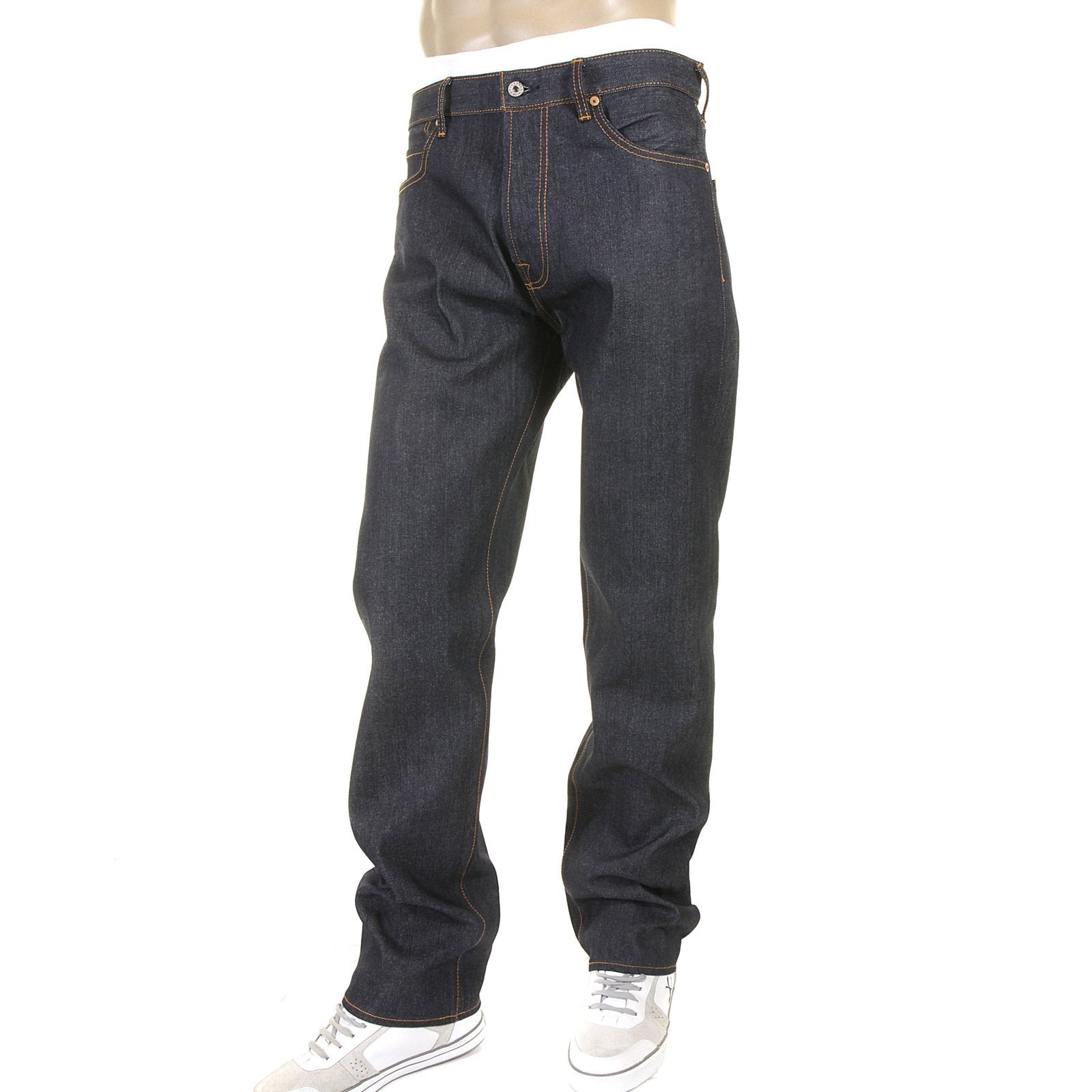 RMC SUPER EXCLUSIVE YELLOW HAND PAINTED DARK INDIGO SLIM CUT 1001 MODEL RAW DENIM JEANS FOR MEN REDM5648