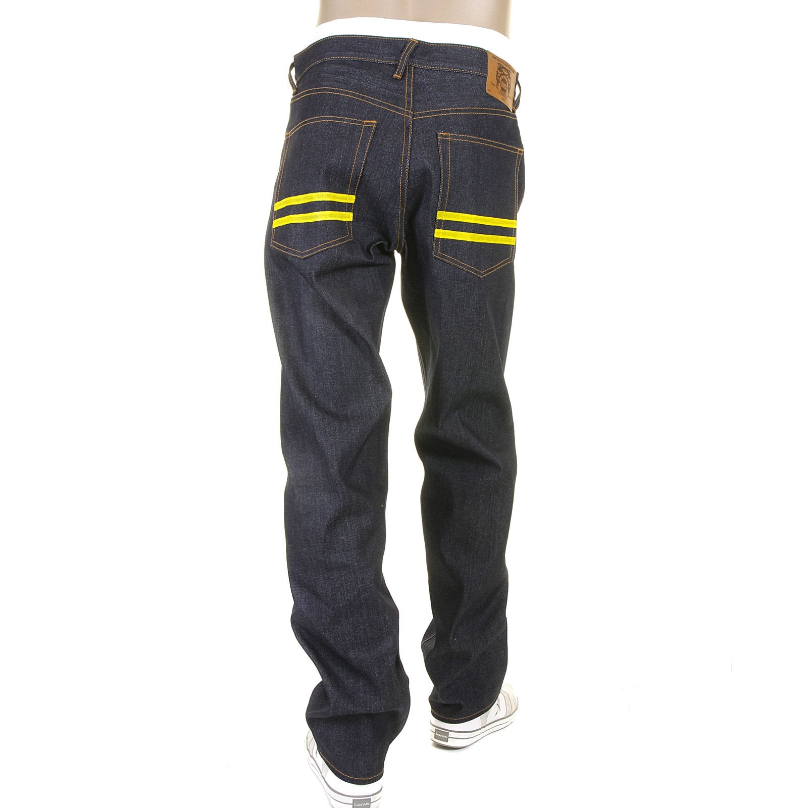 RMC SUPER EXCLUSIVE YELLOW HAND PAINTED DARK INDIGO SLIM CUT 1001 MODEL RAW DENIM JEANS FOR MEN REDM5648