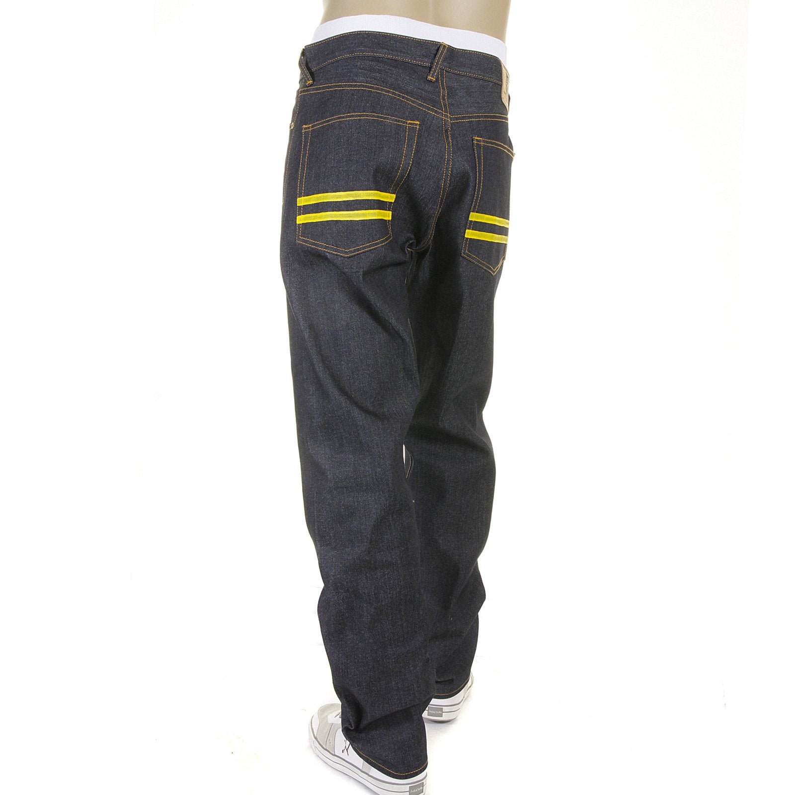 RMC SUPER EXCLUSIVE YELLOW HAND PAINTED DARK INDIGO SLIM CUT 1001 MODEL RAW DENIM JEANS FOR MEN REDM5648