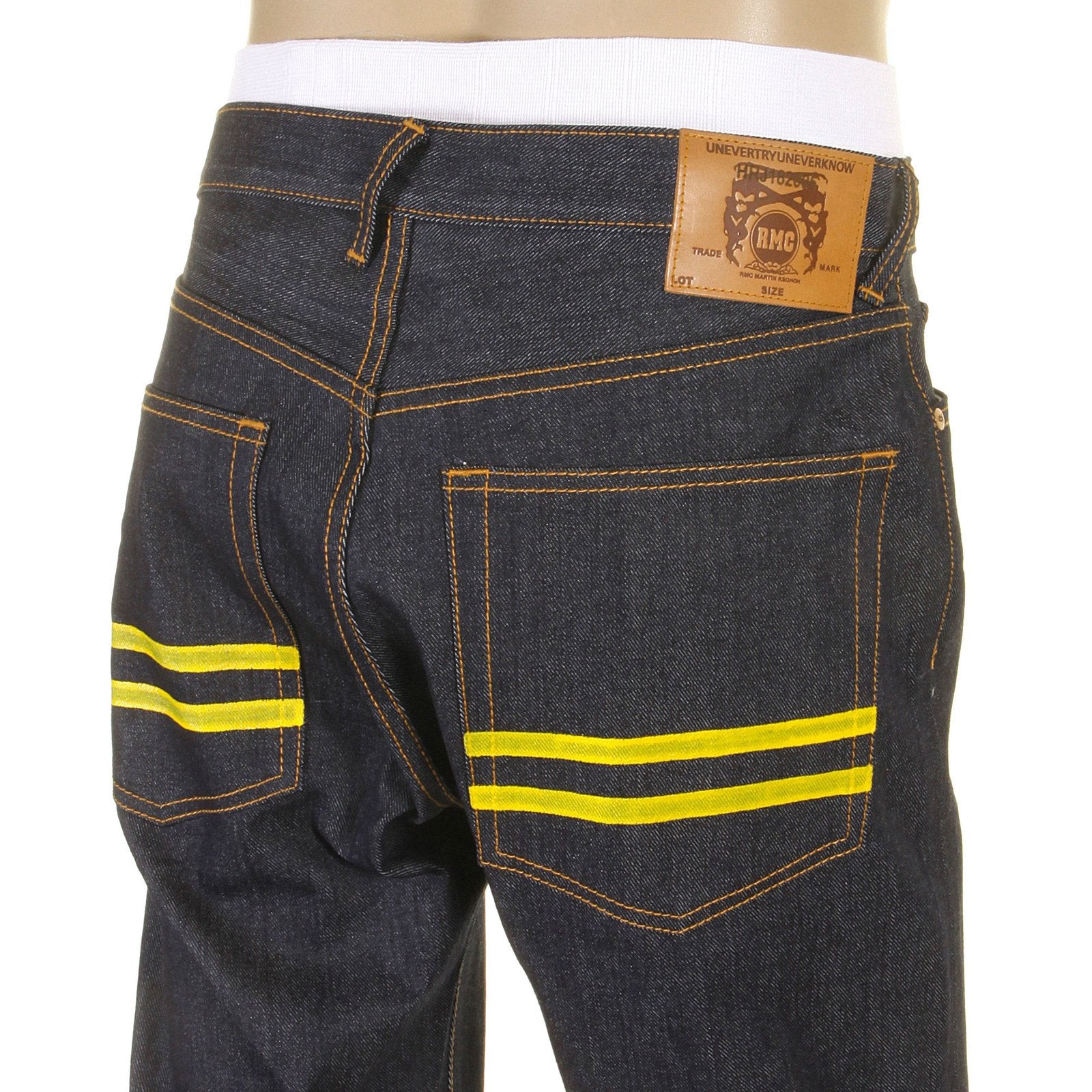 RMC SUPER EXCLUSIVE YELLOW HAND PAINTED DARK INDIGO SLIM CUT 1001 MODEL RAW DENIM JEANS FOR MEN REDM5648