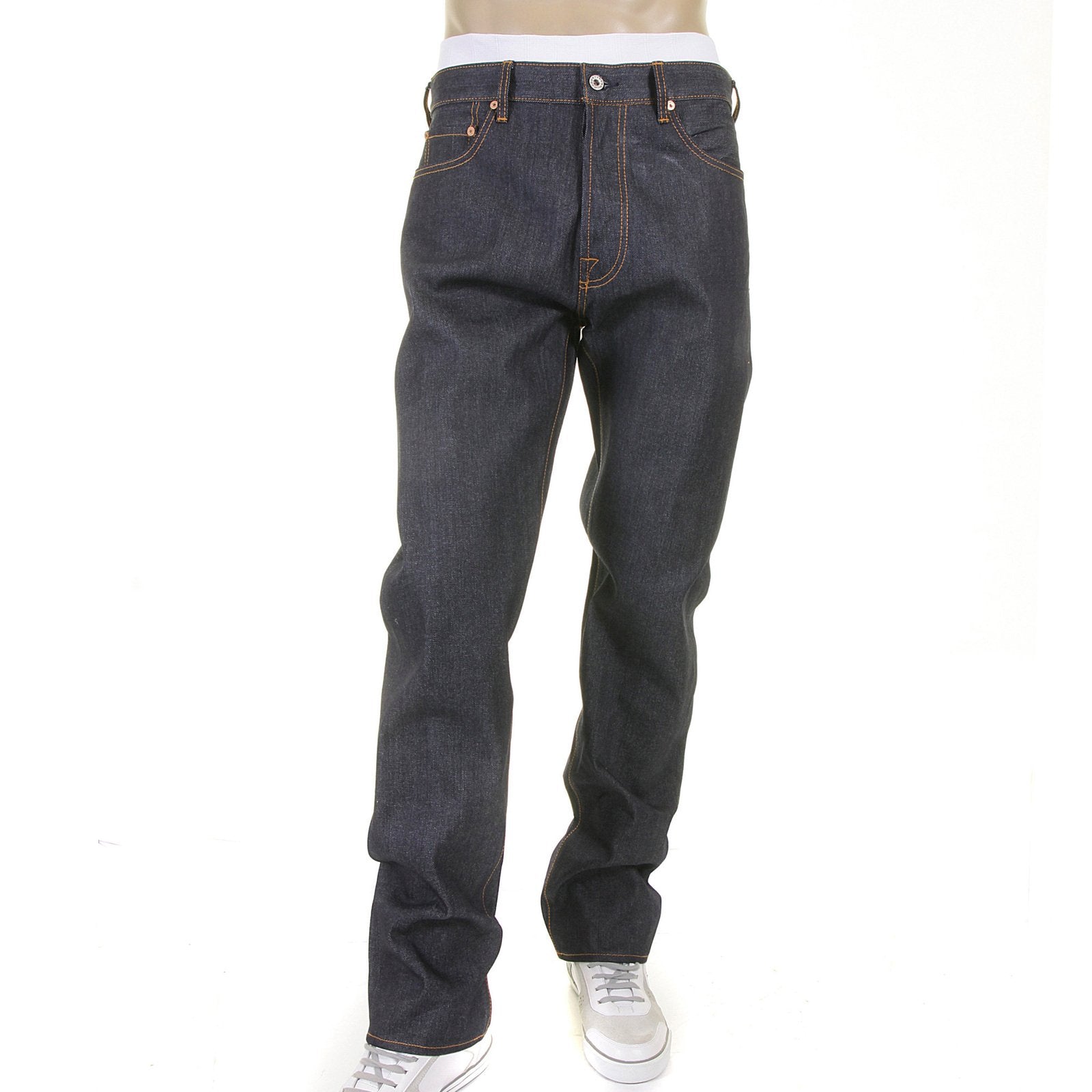RMC JEANS HAND PAINTED OFF WHITE DARK INDIGO SLIM FIT 1001 MODEL SELVEDGE RAW DENIM JEANS FOR MEN REDM5652