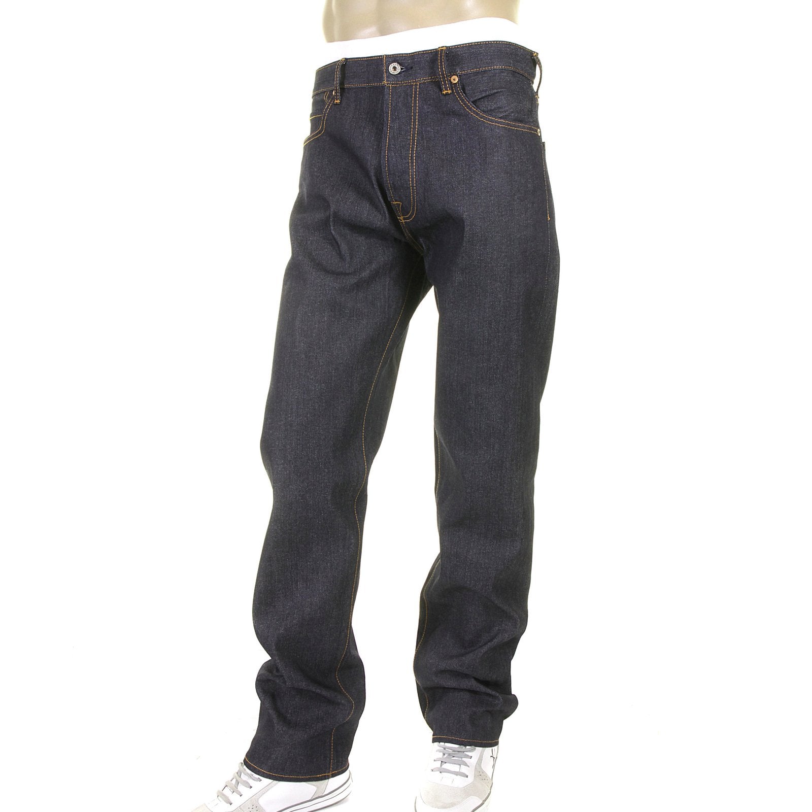 RMC JEANS HAND PAINTED OFF WHITE DARK INDIGO SLIM FIT 1001 MODEL SELVEDGE RAW DENIM JEANS FOR MEN REDM5652