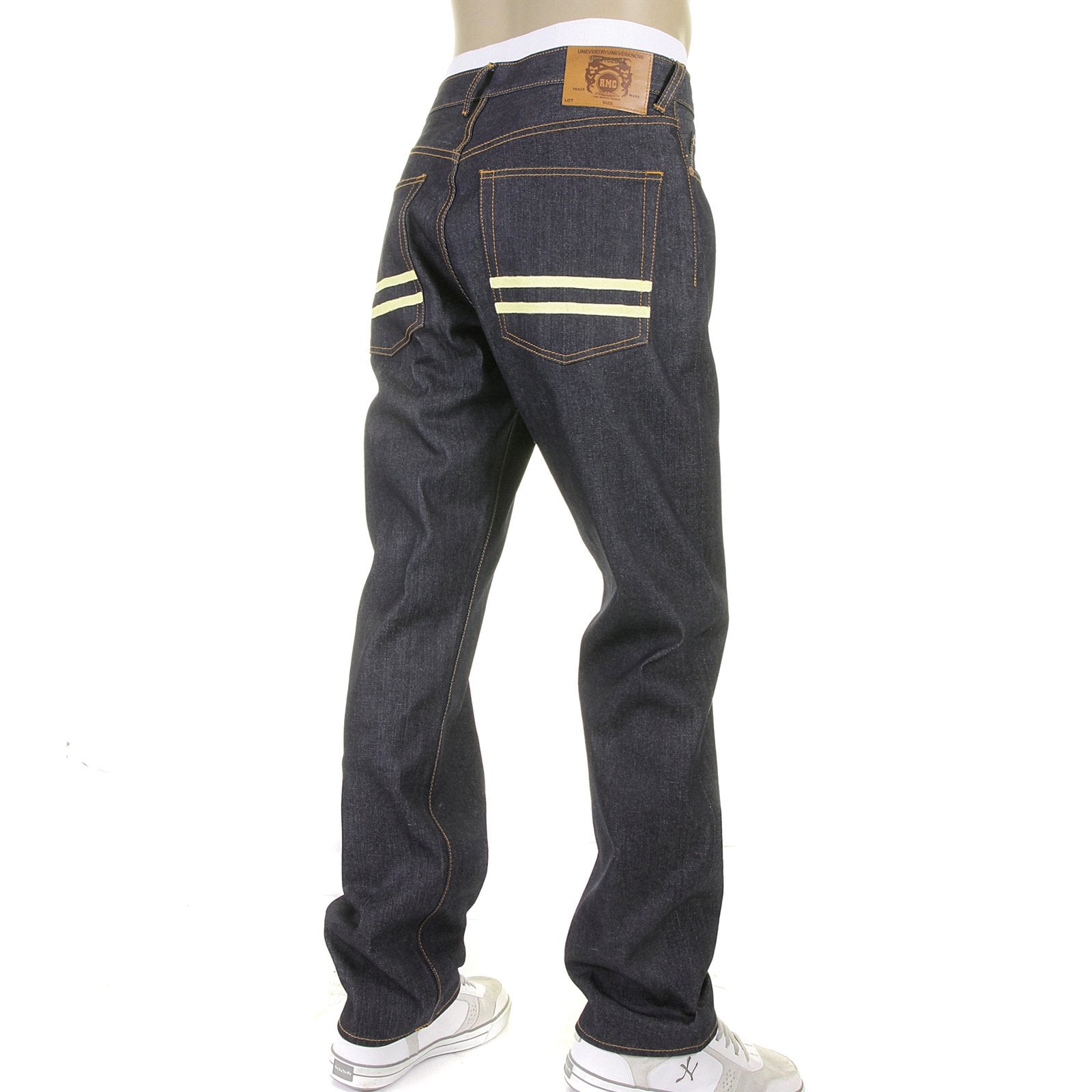 RMC JEANS HAND PAINTED OFF WHITE DARK INDIGO SLIM FIT 1001 MODEL SELVEDGE RAW DENIM JEANS FOR MEN REDM5652