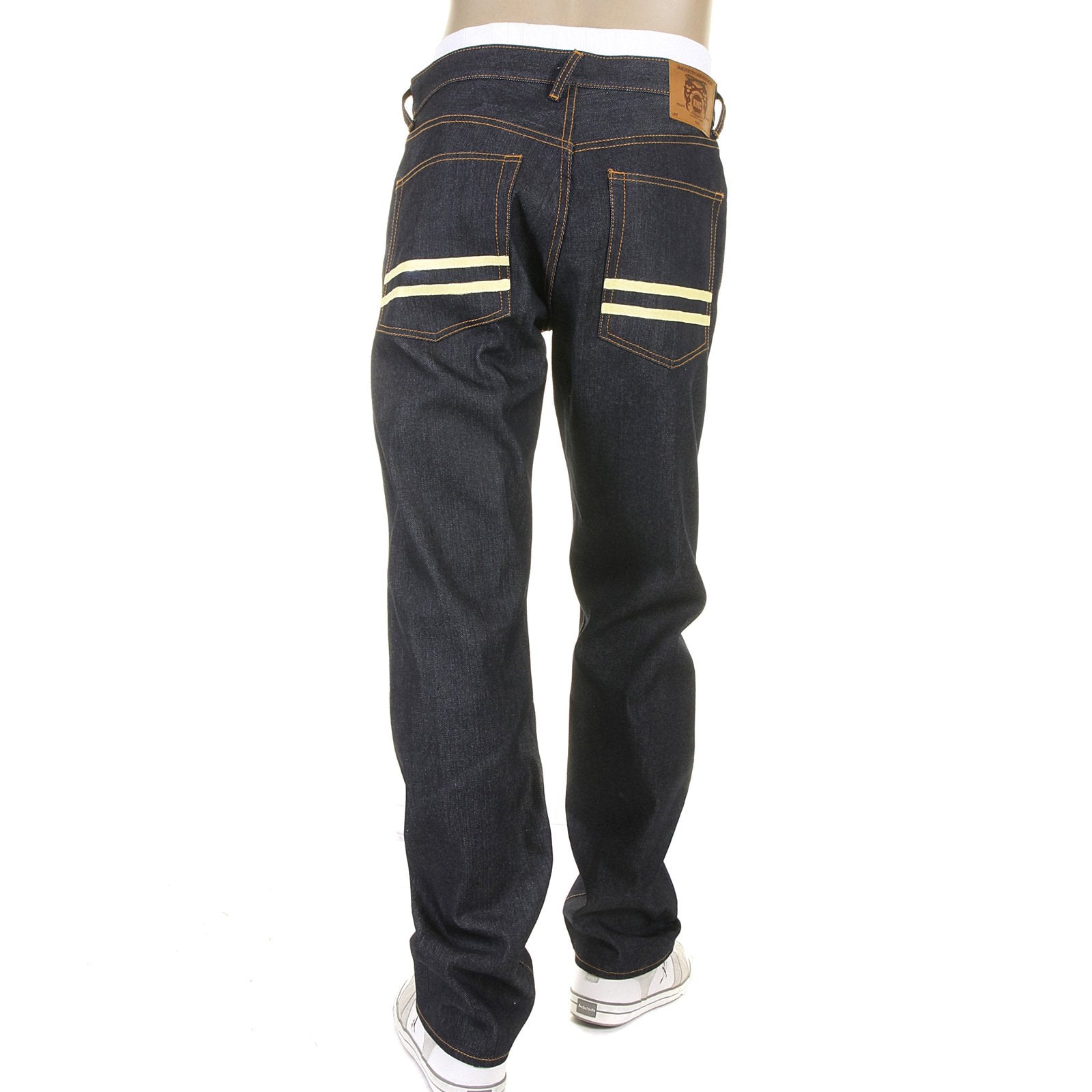RMC JEANS HAND PAINTED OFF WHITE DARK INDIGO SLIM FIT 1001 MODEL SELVEDGE RAW DENIM JEANS FOR MEN REDM5652