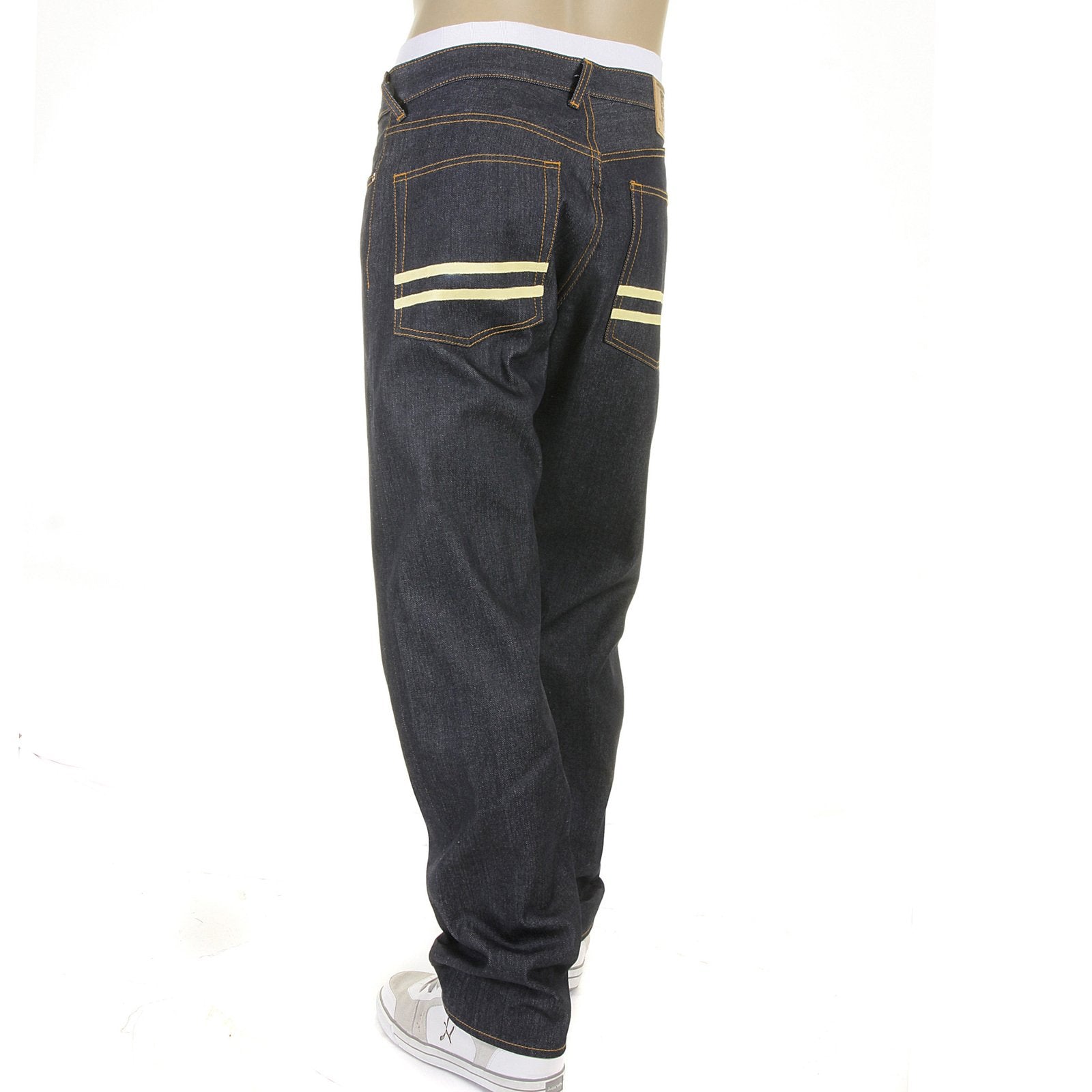 RMC JEANS HAND PAINTED OFF WHITE DARK INDIGO SLIM FIT 1001 MODEL SELVEDGE RAW DENIM JEANS FOR MEN REDM5652