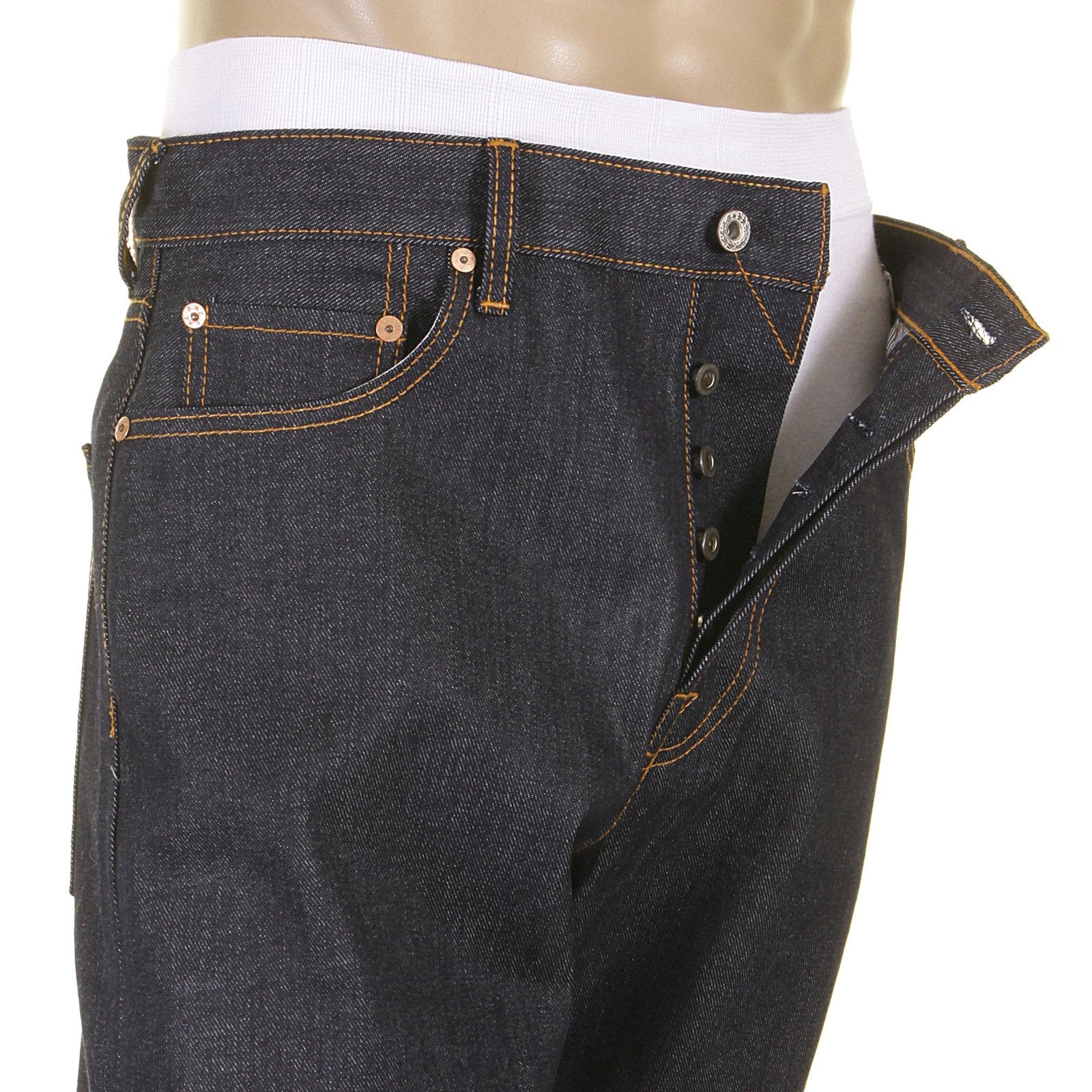 RMC JEANS HAND PAINTED OFF WHITE DARK INDIGO SLIM FIT 1001 MODEL SELVEDGE RAW DENIM JEANS FOR MEN REDM5652