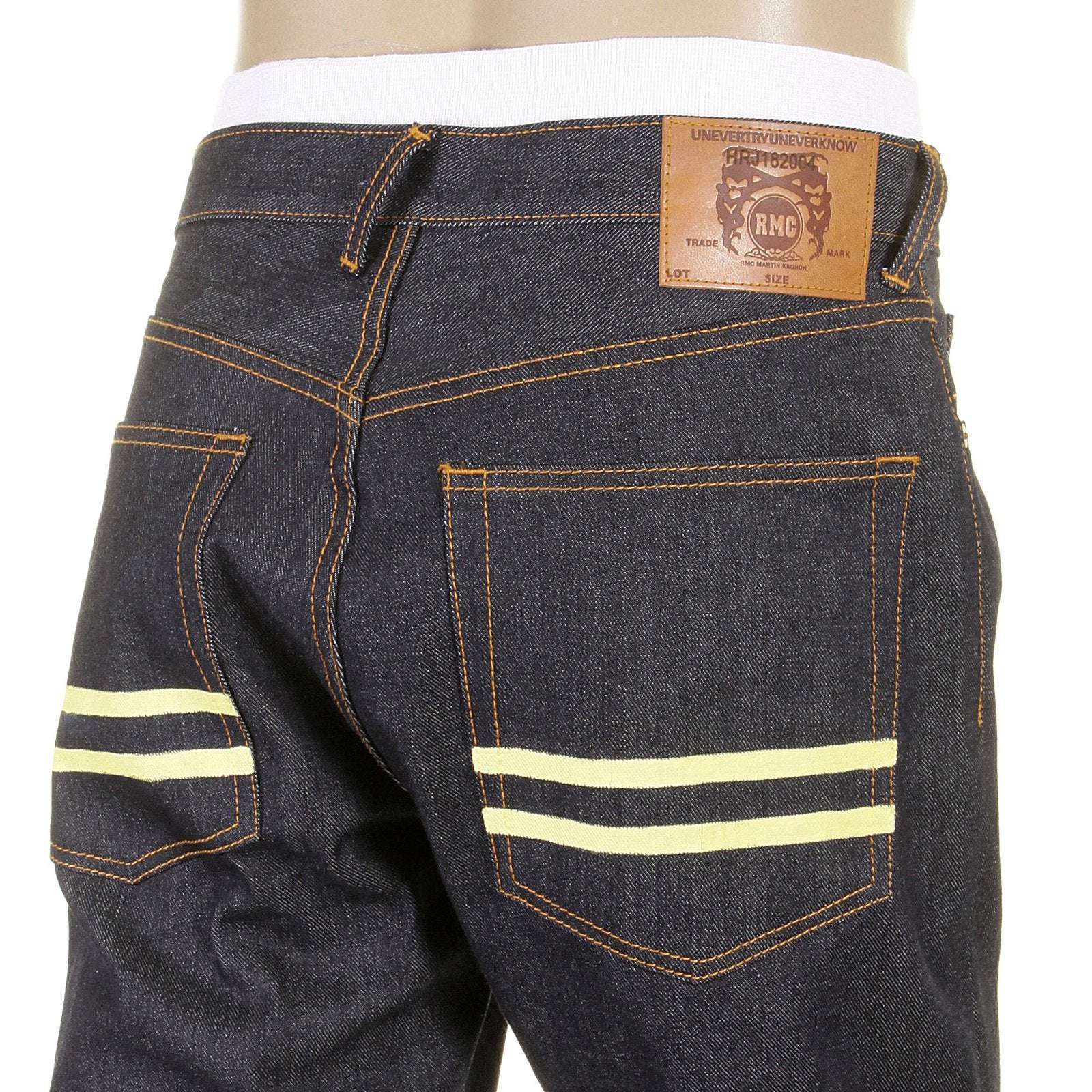 RMC JEANS HAND PAINTED OFF WHITE DARK INDIGO SLIM FIT 1001 MODEL SELVEDGE RAW DENIM JEANS FOR MEN REDM5652