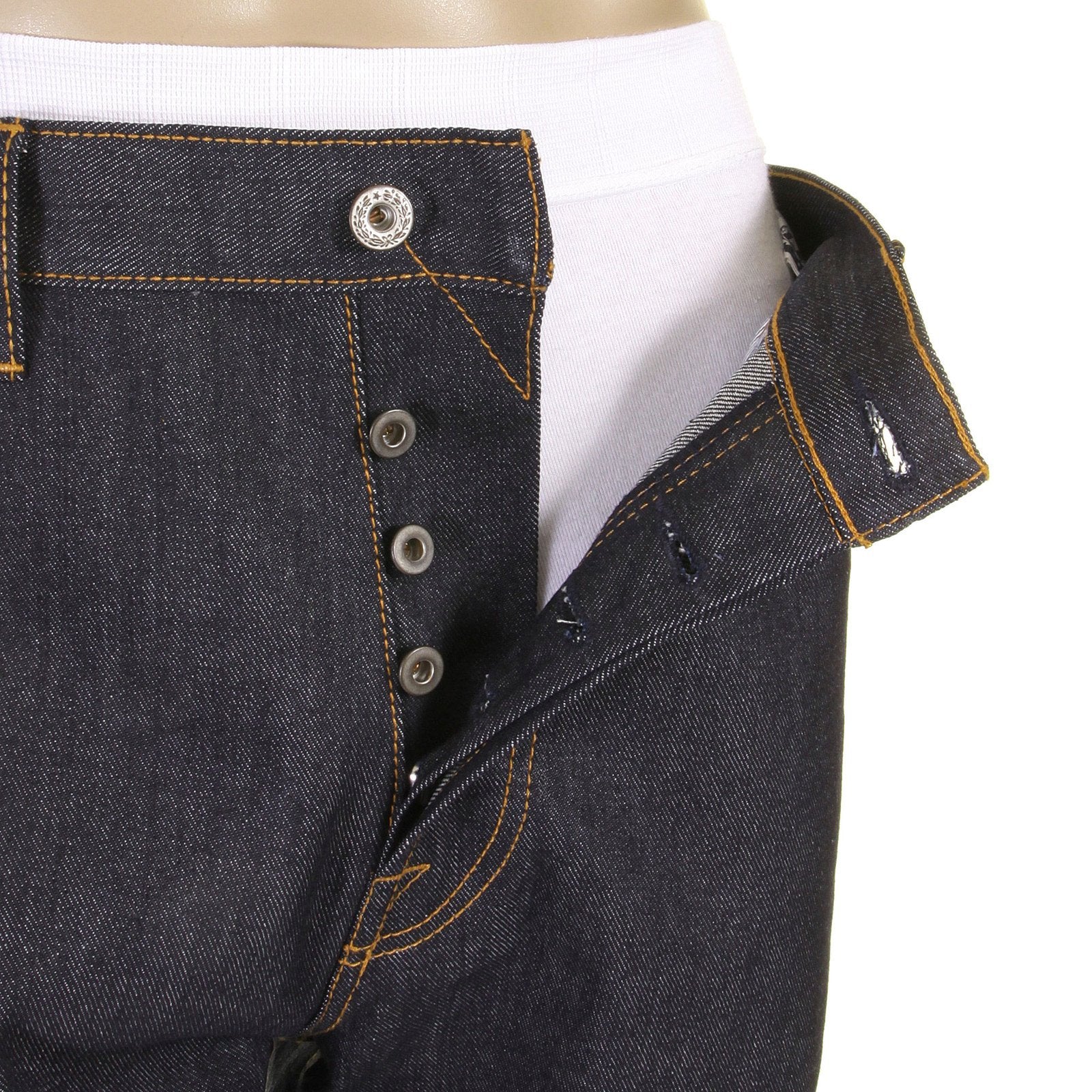 RMC JEANS HAND PAINTED OFF WHITE DARK INDIGO SLIM FIT 1001 MODEL SELVEDGE RAW DENIM JEANS FOR MEN REDM5652