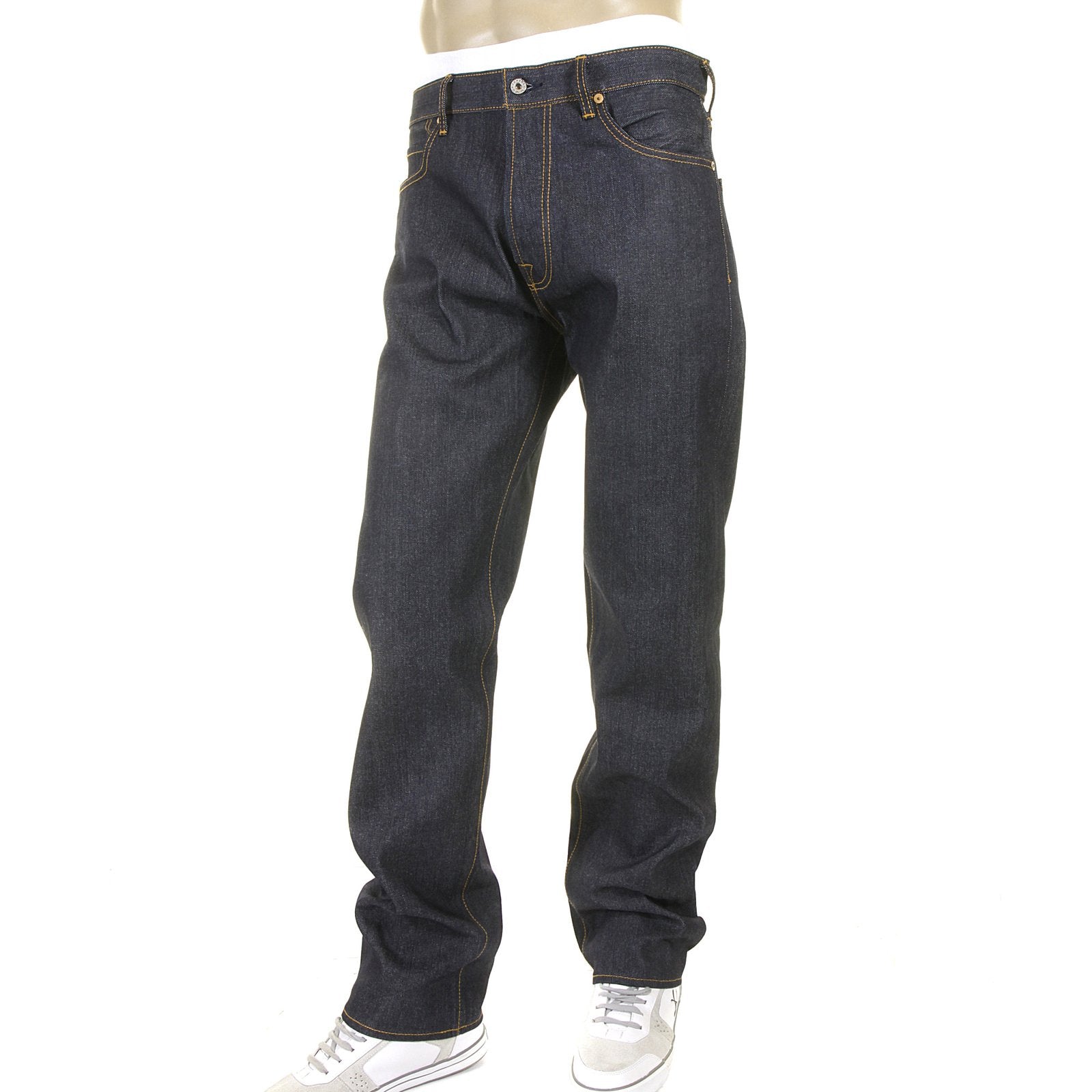 RMC JEANS VINTAGE MONKEY NEW YORK AND LONDON 1001 MODEL SLIMMER CUT 999 RAW DENIM JEANS IN DARK INDIGO REDM5817