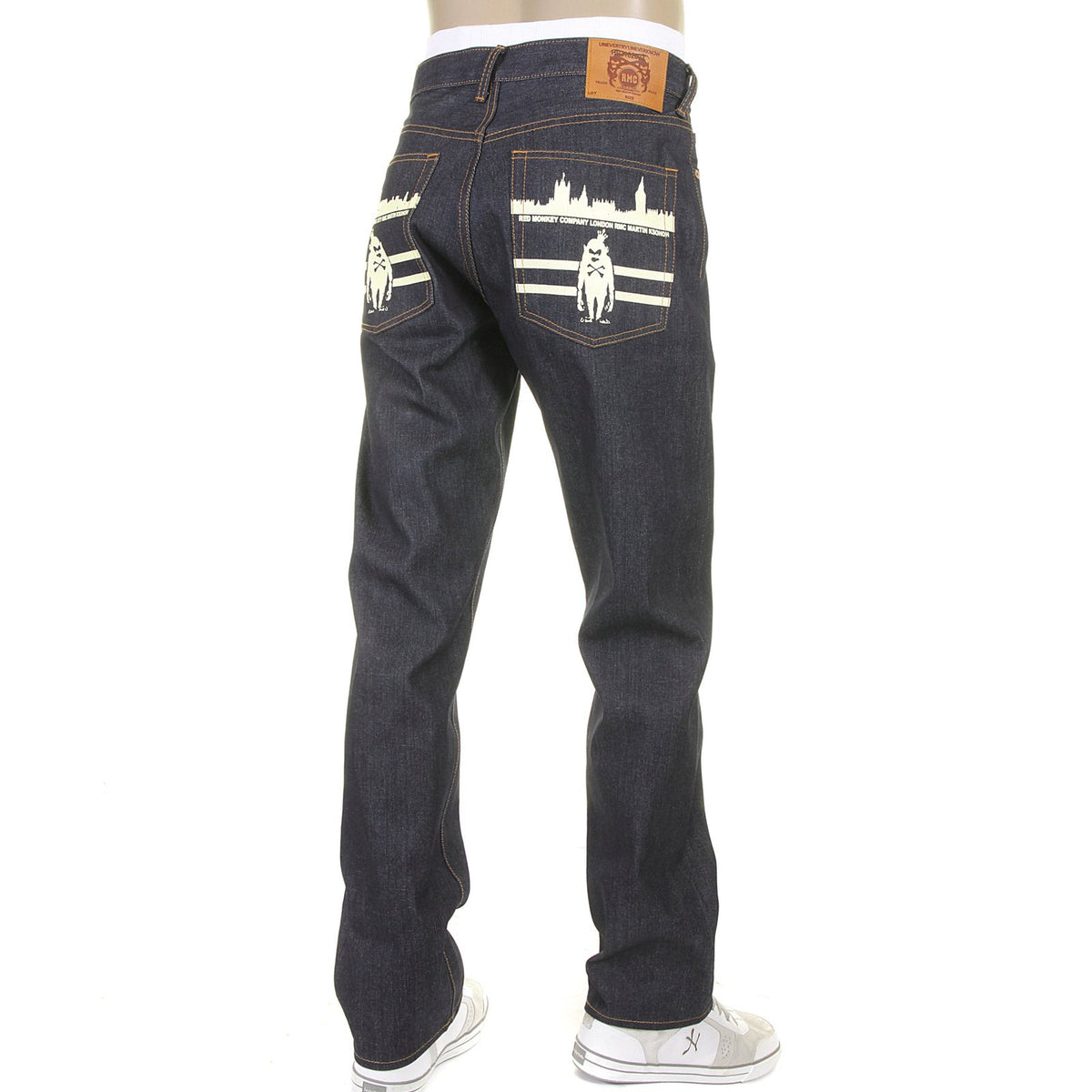 RMC JEANS VINTAGE MONKEY NEW YORK AND LONDON 1001 MODEL SLIMMER CUT 999 RAW DENIM JEANS IN DARK INDIGO REDM5817