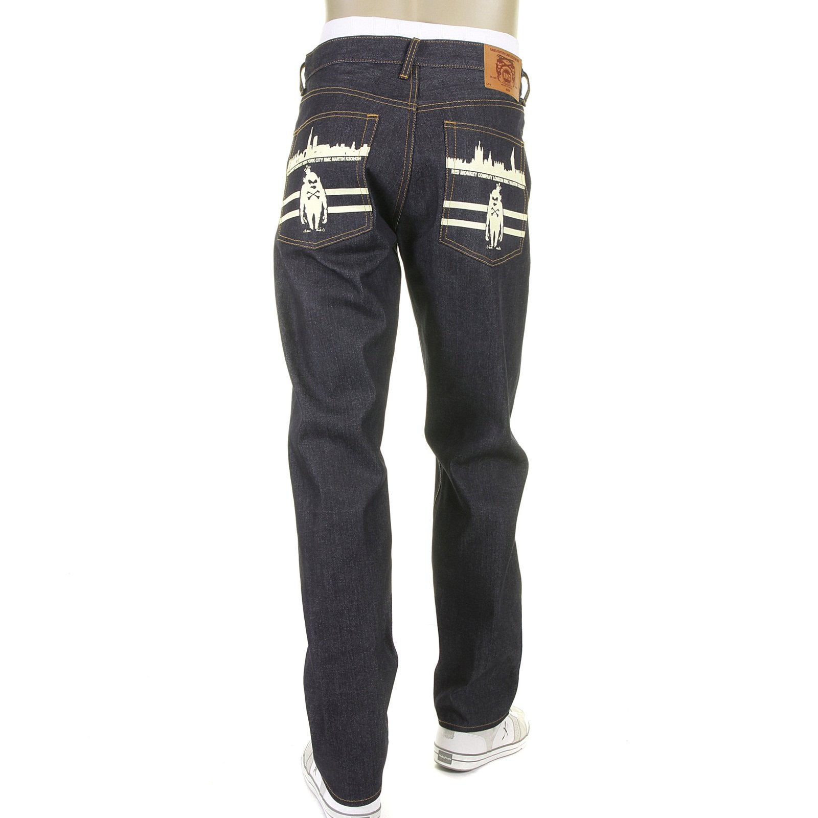 RMC JEANS VINTAGE MONKEY NEW YORK AND LONDON 1001 MODEL SLIMMER CUT 999 RAW DENIM JEANS IN DARK INDIGO REDM5817