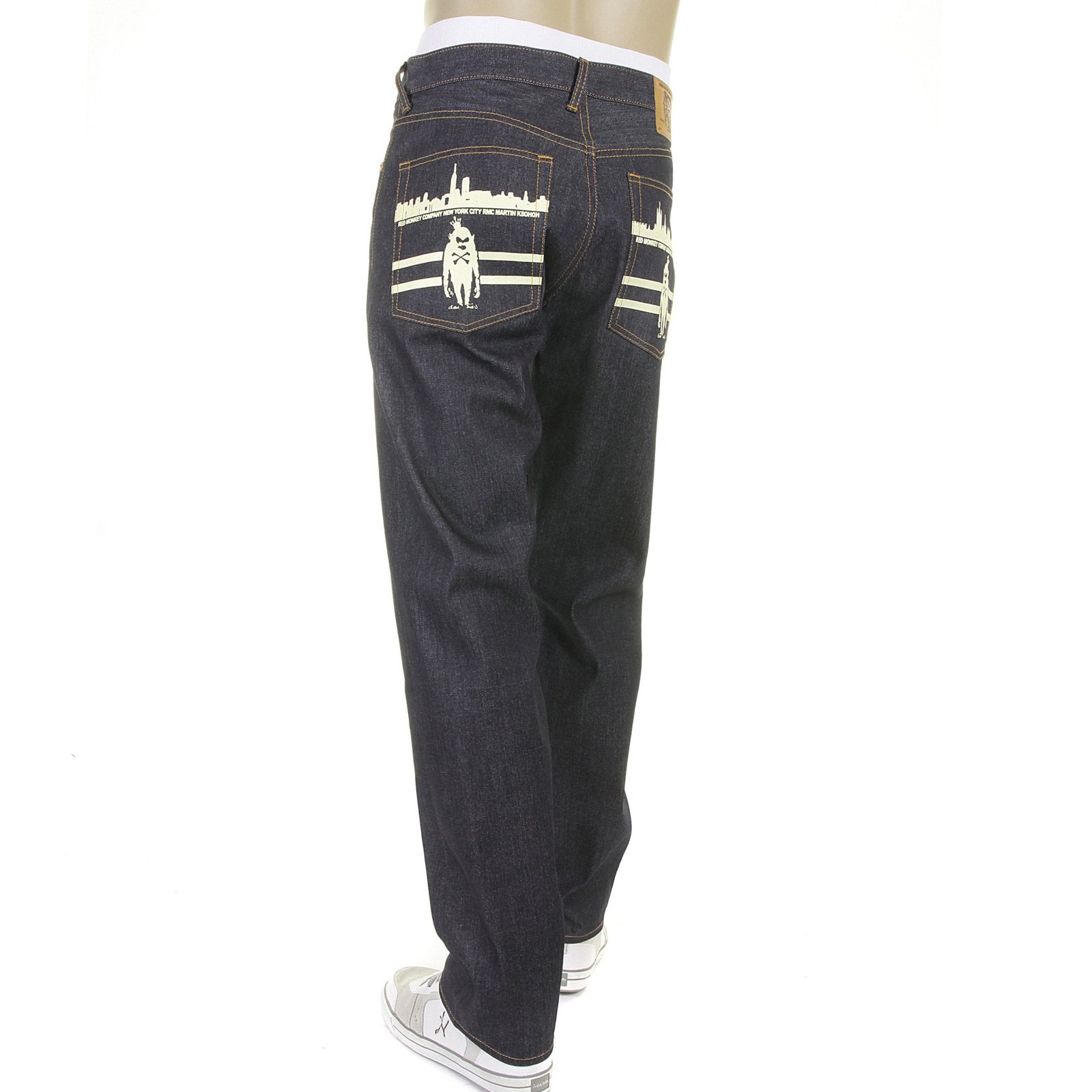 RMC JEANS VINTAGE MONKEY NEW YORK AND LONDON 1001 MODEL SLIMMER CUT 999 RAW DENIM JEANS IN DARK INDIGO REDM5817