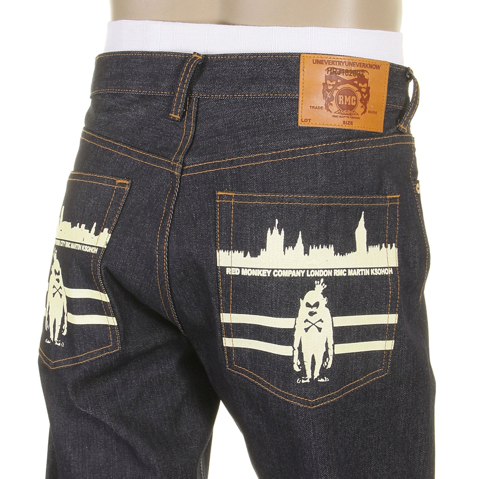 RMC JEANS VINTAGE MONKEY NEW YORK AND LONDON 1001 MODEL SLIMMER CUT 999 RAW DENIM JEANS IN DARK INDIGO REDM5817