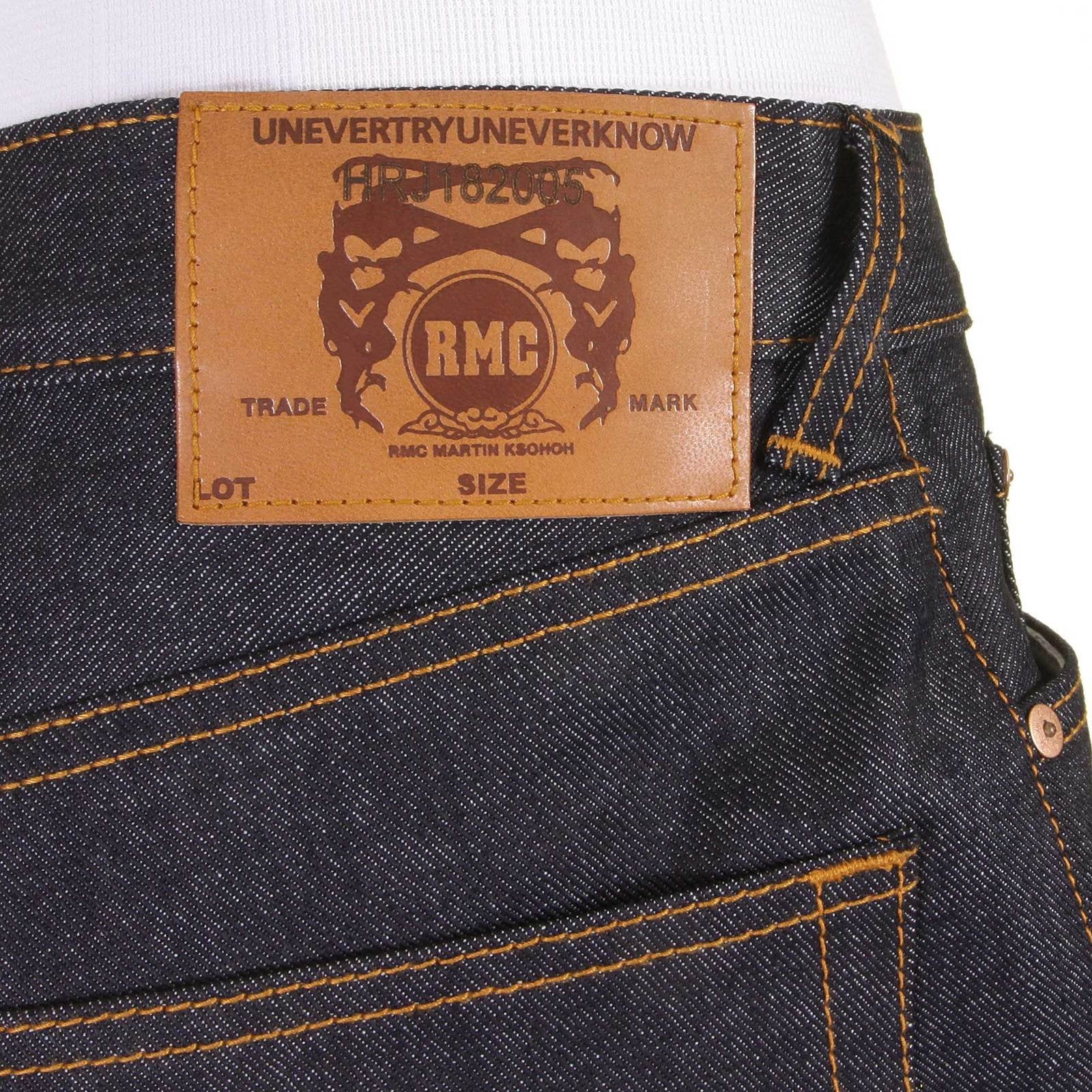 RMC JEANS VINTAGE MONKEY NEW YORK AND LONDON 1001 MODEL SLIMMER CUT 999 RAW DENIM JEANS IN DARK INDIGO REDM5817