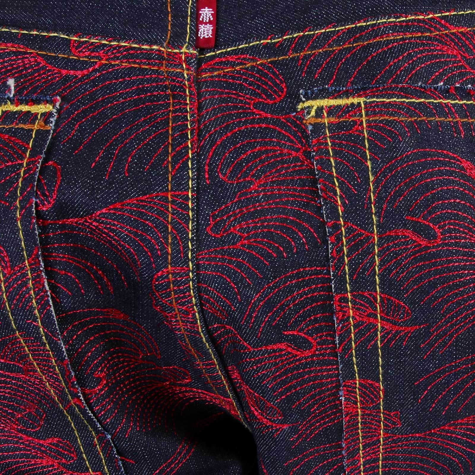 RMC JEANS RARE SCARLET TSUNAMI WAVE FULL BACK EMBROIDERED GENUINE RAW VINTAGE CUT DENIM JEANS REDM6311